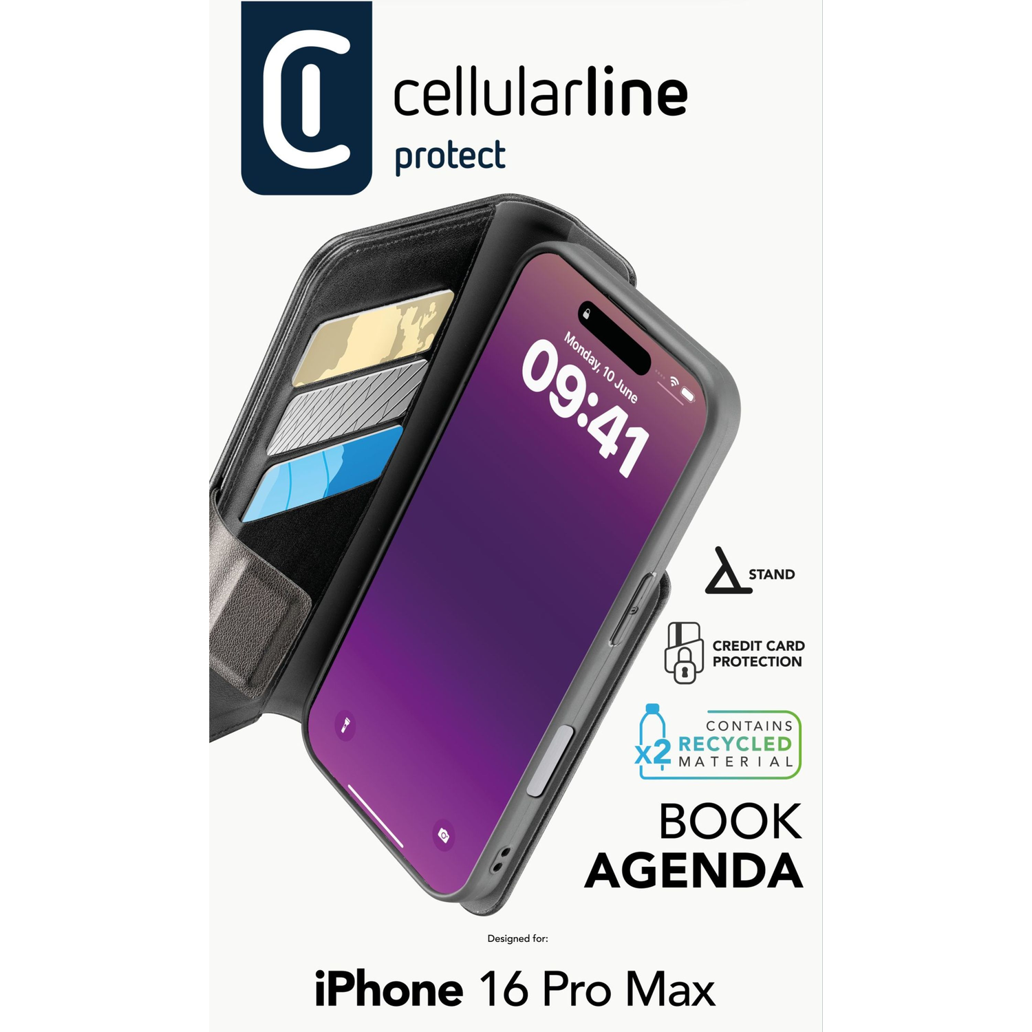 Telefoonhoesje met telefoon erin, creditcardvakjes en tekst. De telefoon toont de tijd.