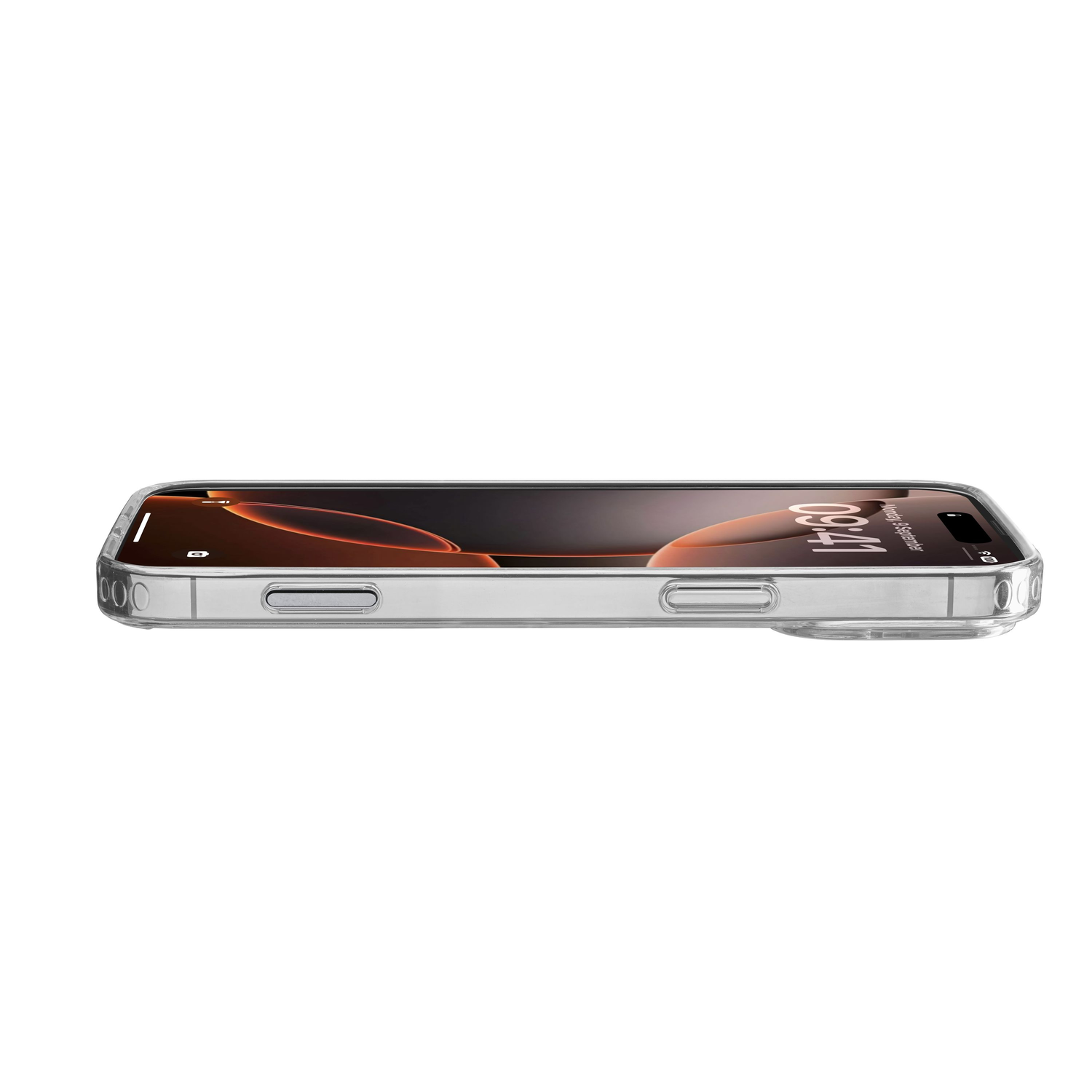 Clear phone case on a white surface, phone screen displaying time.