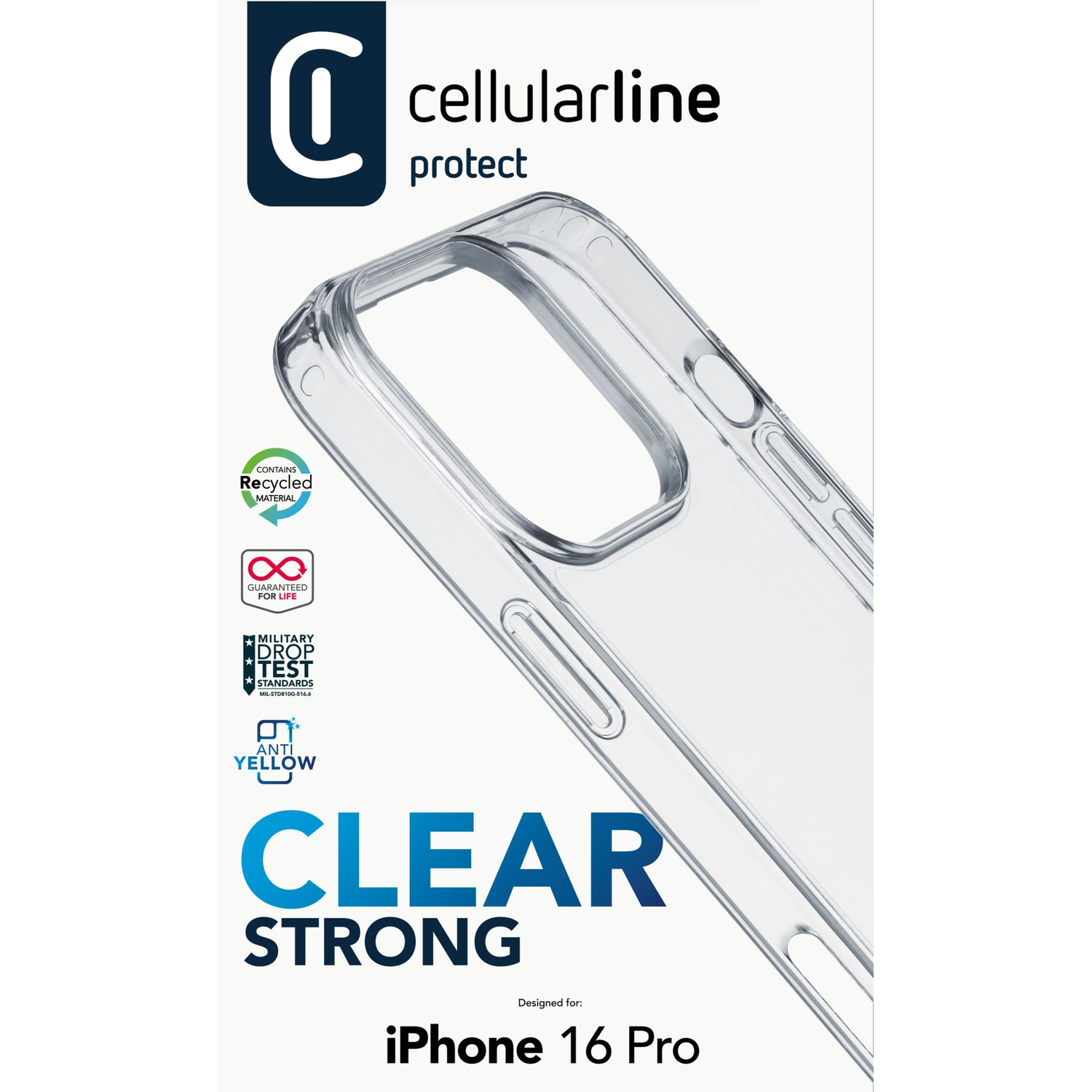 A clear phone case with the logo and text "CLEAR STRONG" for an iPhone 16 Pro.