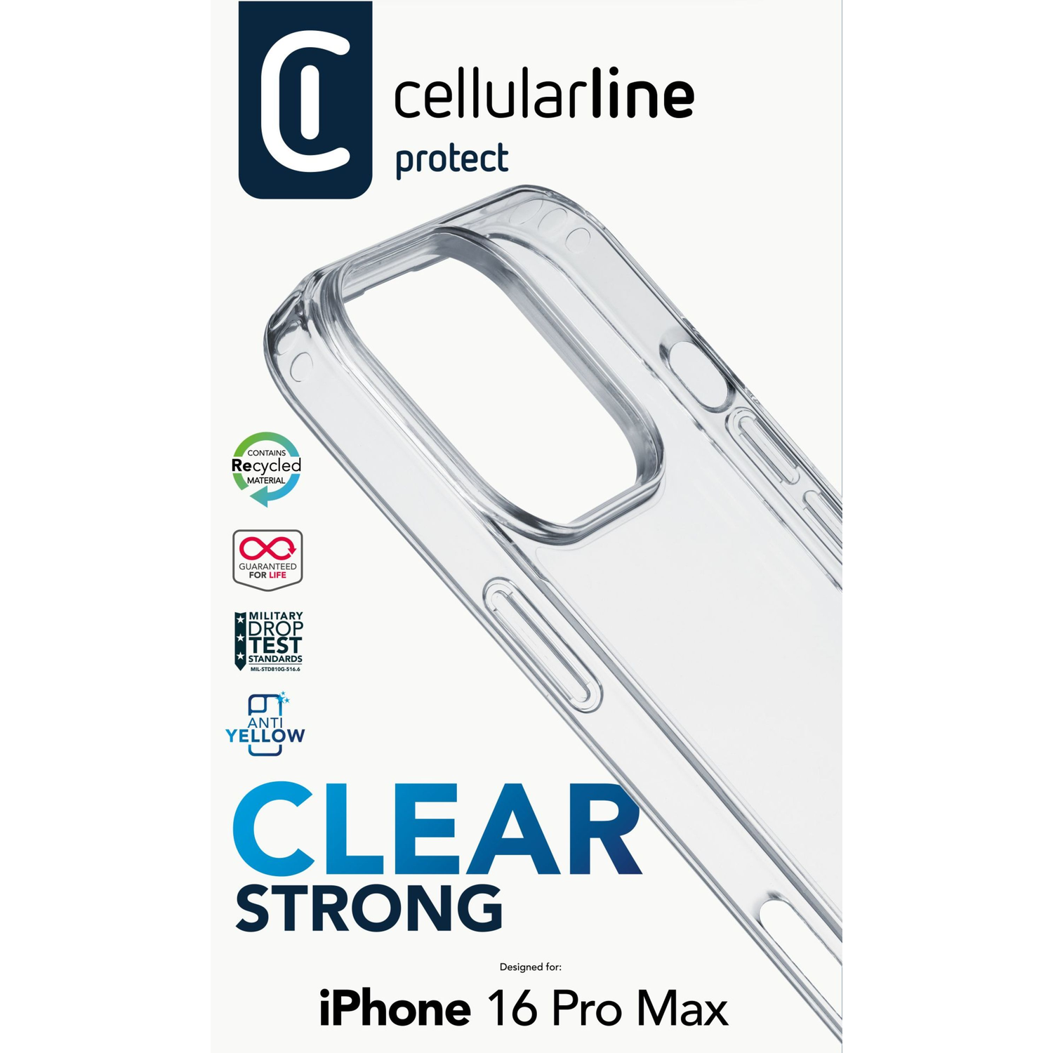 Clear phone case with text, designed for iPhone 16 Pro Max. Text and logos are visible.