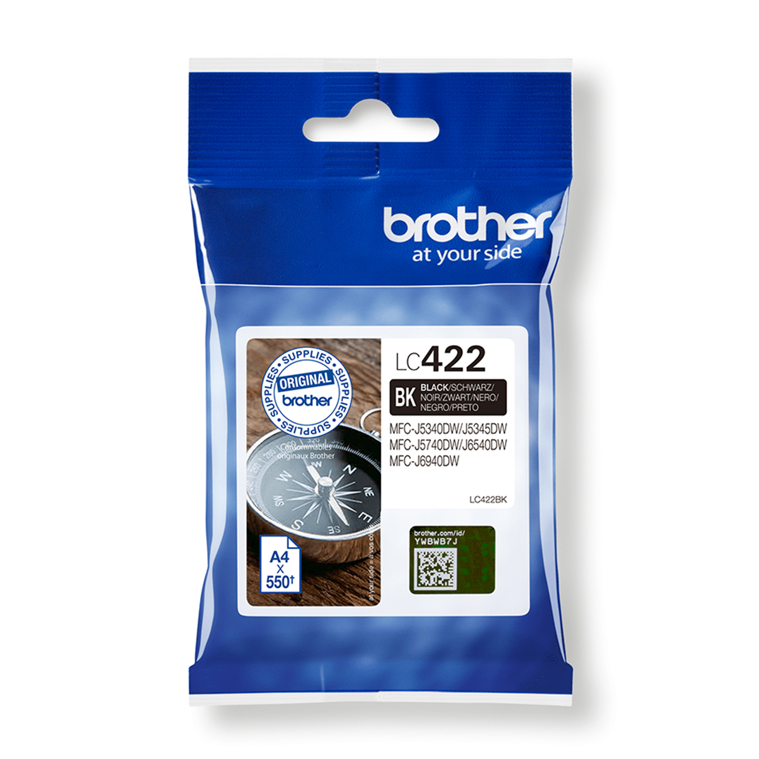 Confezione cartuccia inchiostro Brother, inchiostro nero, con immagine bussola su bianco.