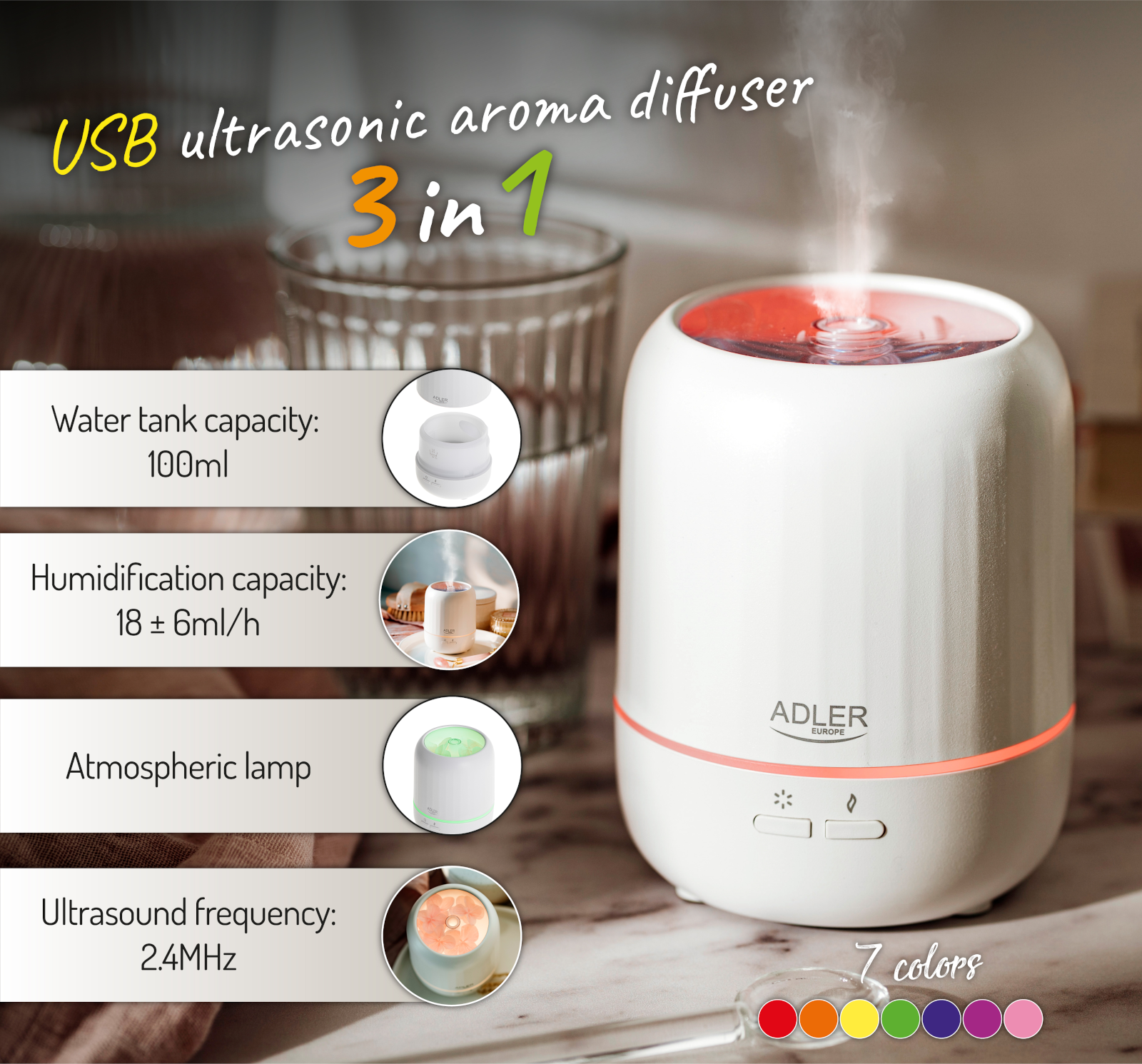 Fehér aroma diffúzor szöveggel, infografikákkal és kézzel, színpalettával.