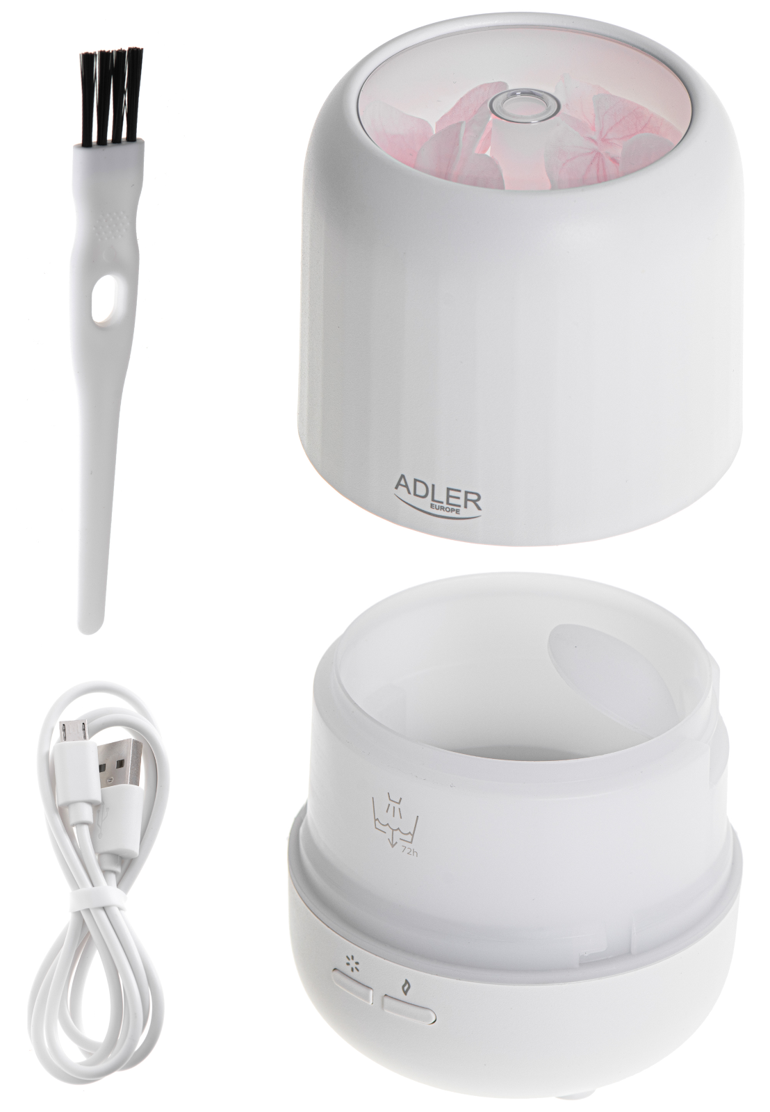 Fehér diffúzor, kiegészítőkkel, mint kefe és USB-kábel.