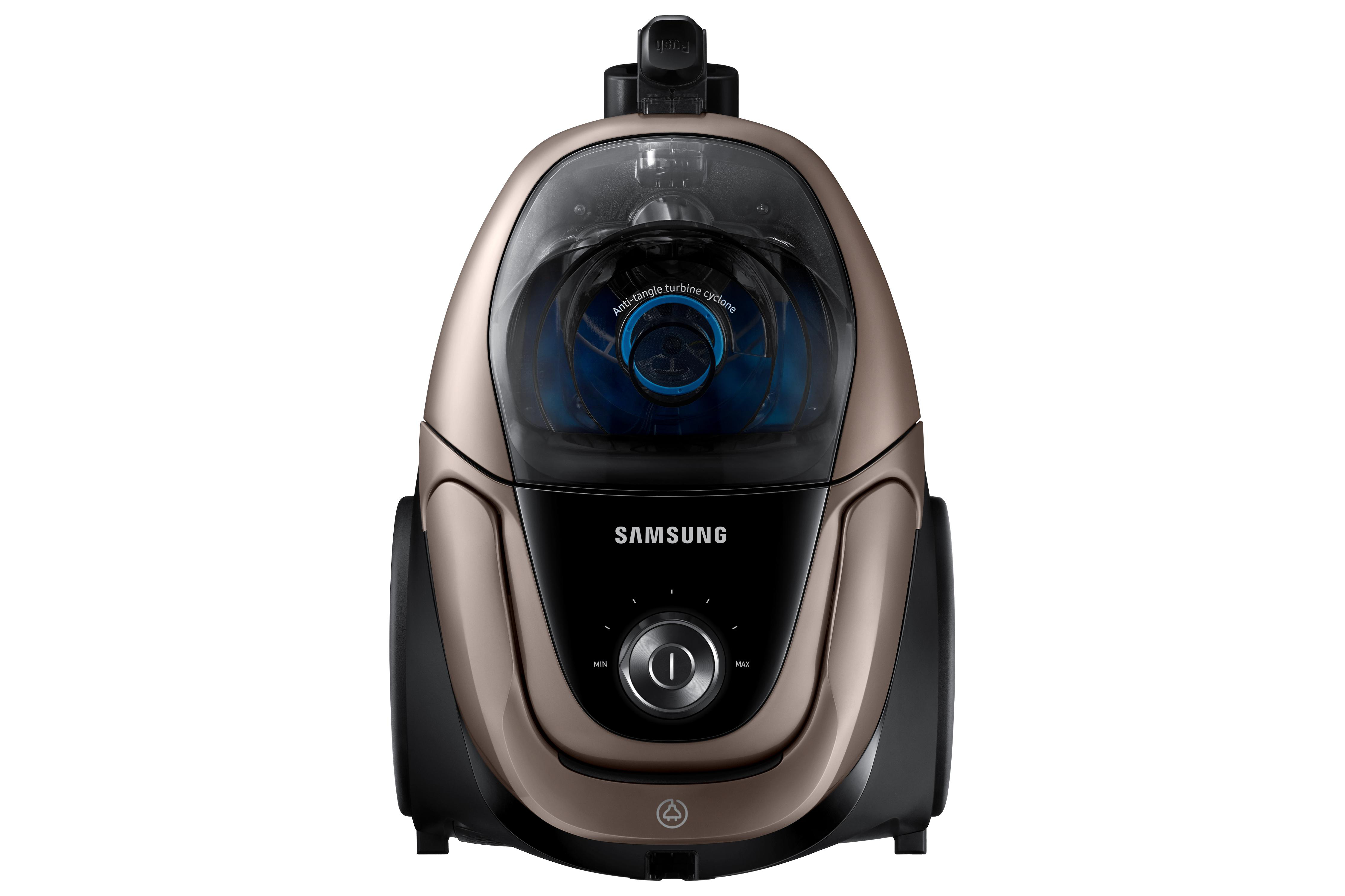 Ein brauner und schwarzer Samsung Staubsauger mit blauem Filter.