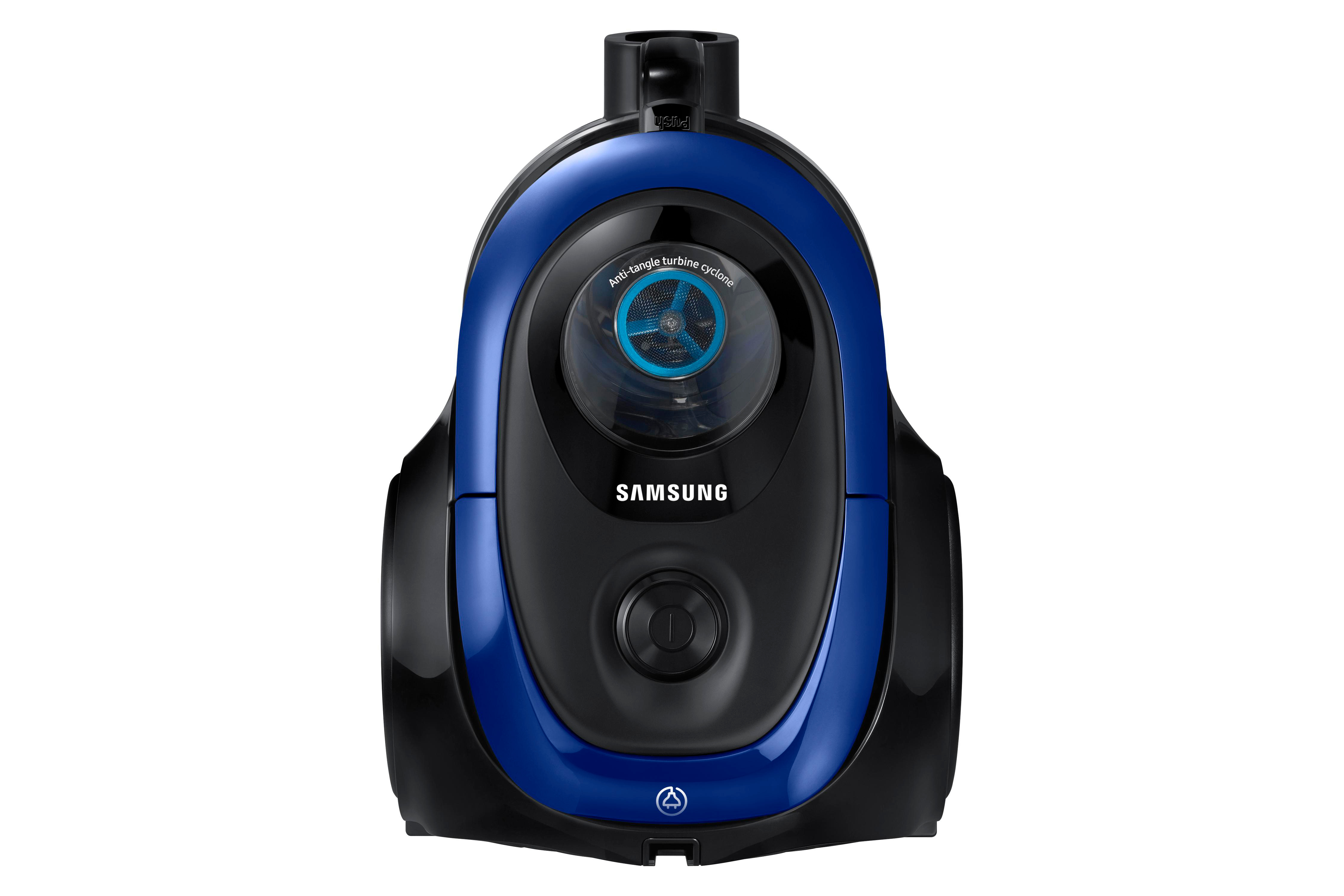 Blau-schwarzer Staubsauger. Die Marke ist Samsung.