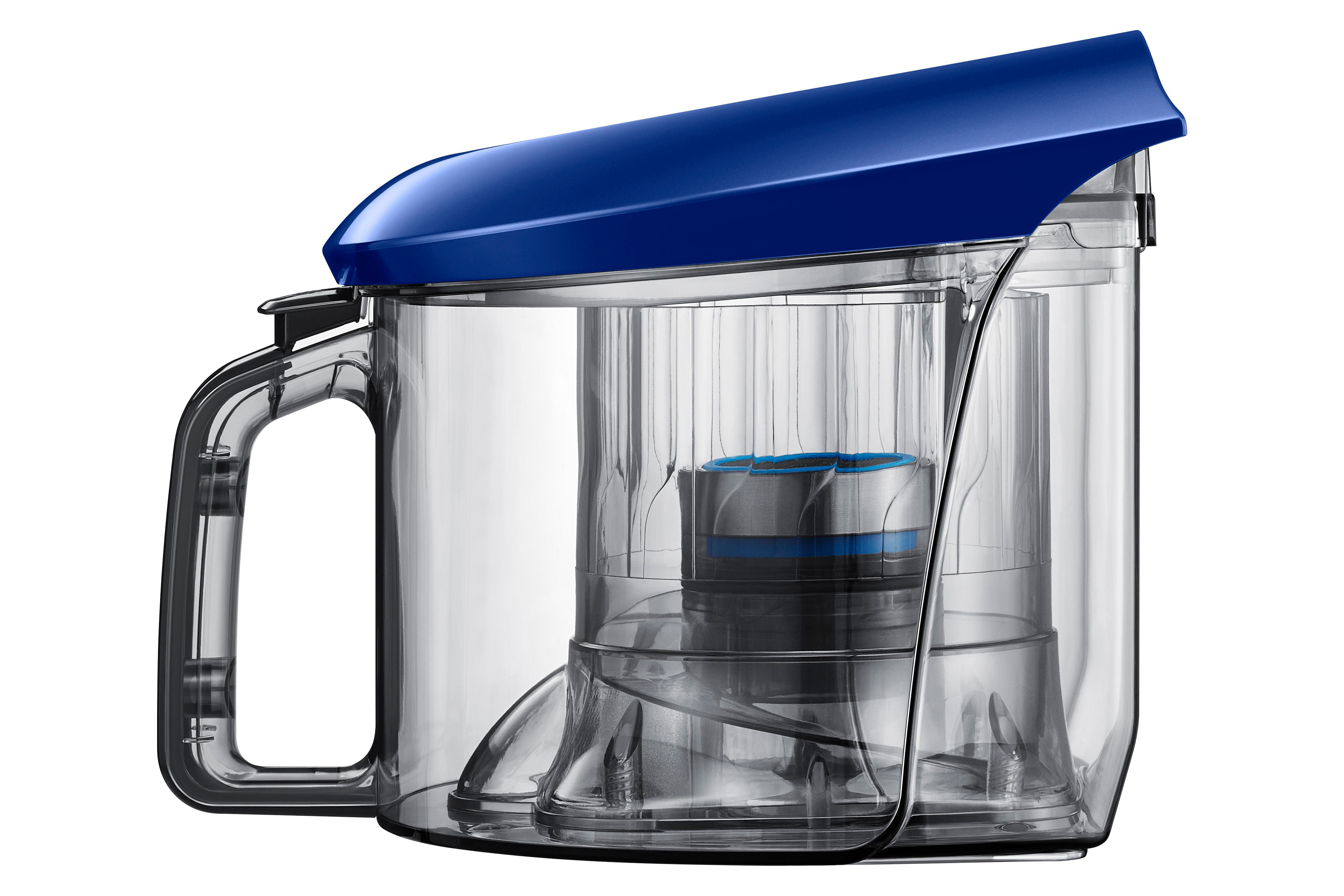 Transparenter Staubsauger-Staubbehälter mit blauem Deckel und Innenfilter.