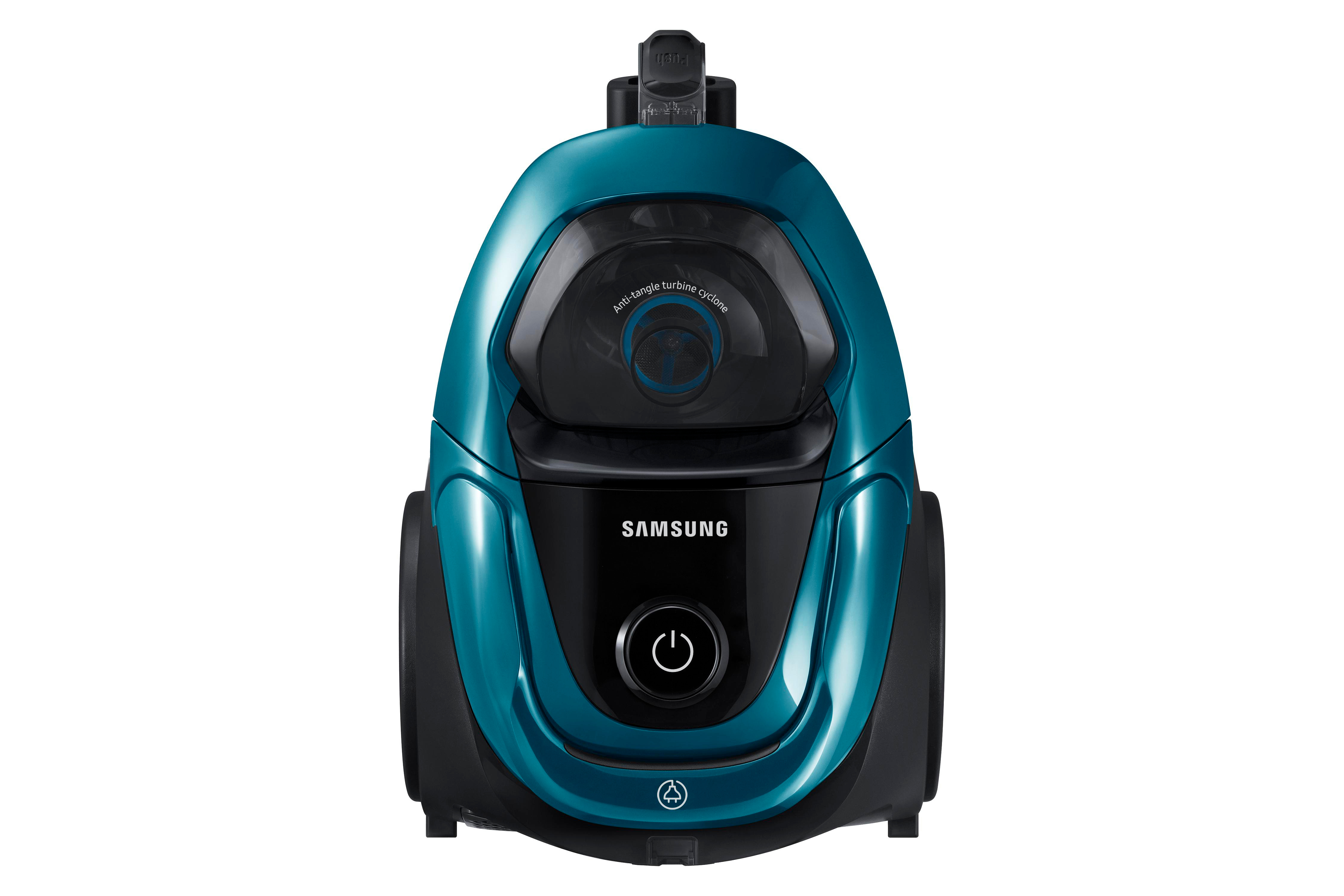 Ein türkis-schwarzer Samsung-Staubsauger. Der Power-Knopf ist sichtbar.