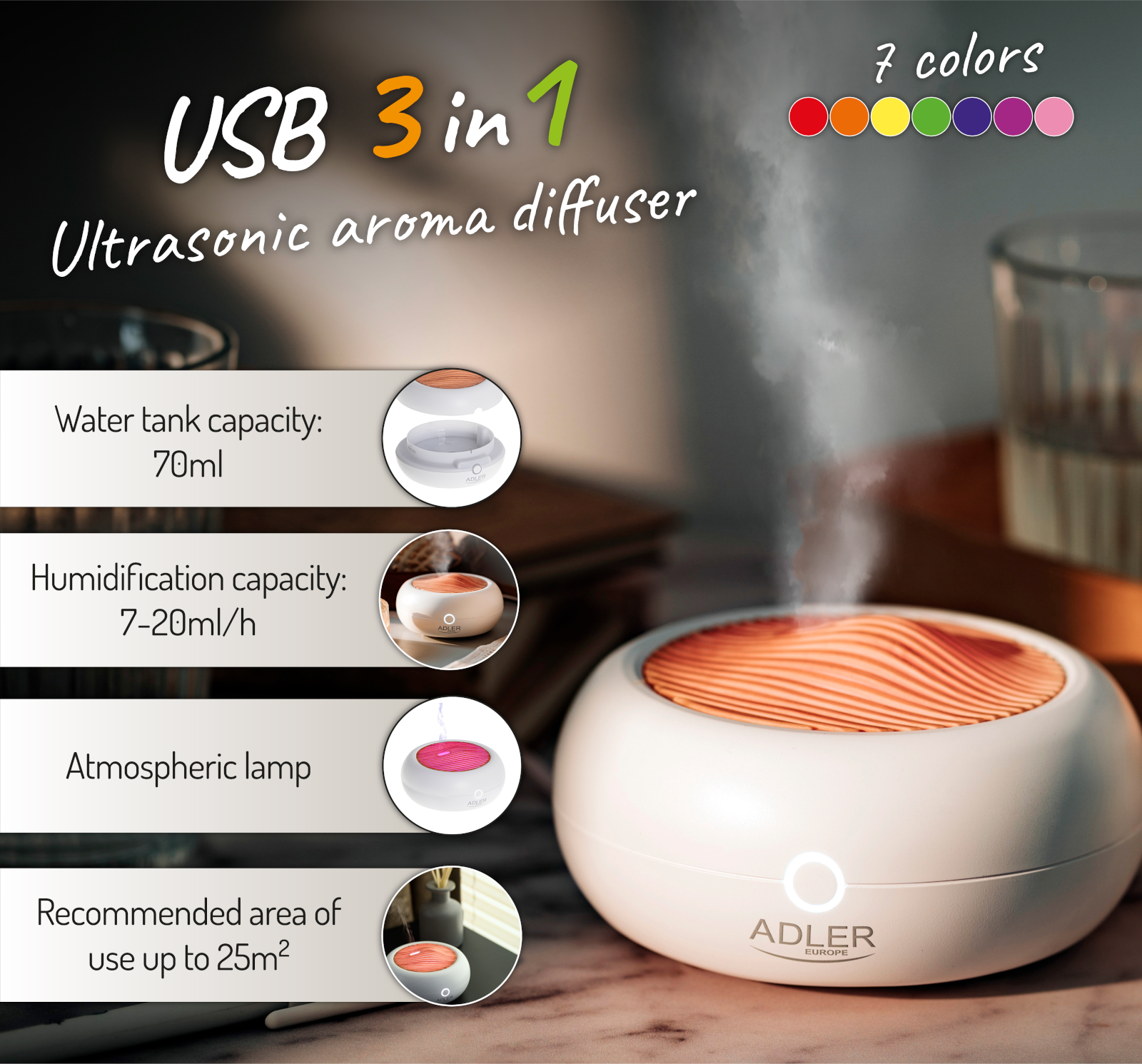 Fehér-narancs USB 3 az 1-ben aromadiffúzor gőzzel.