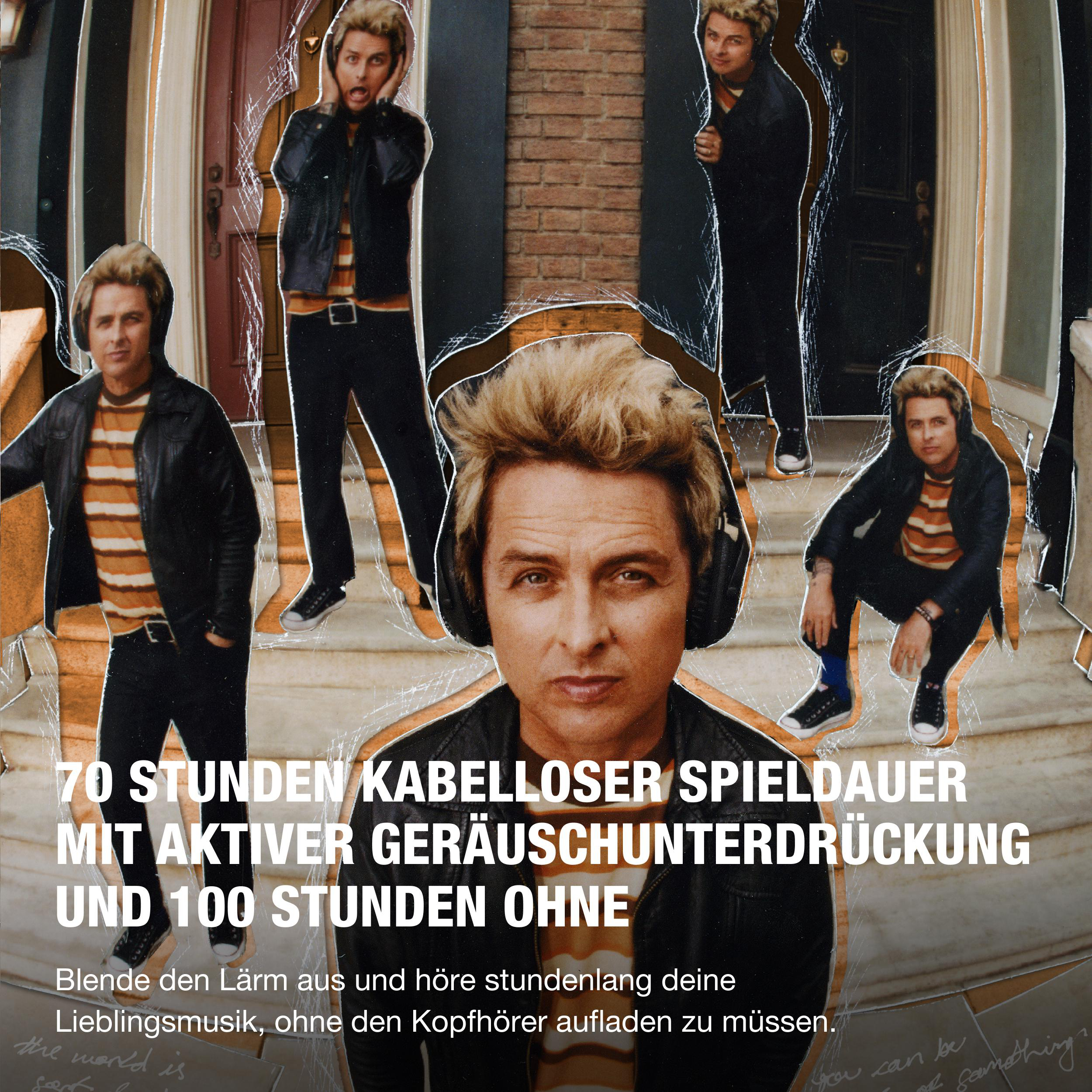 Mann mit Kopfhörern und deutschem Text. Text sagt: 70 Stunden Spielzeit und Geräuschunterdrückung.