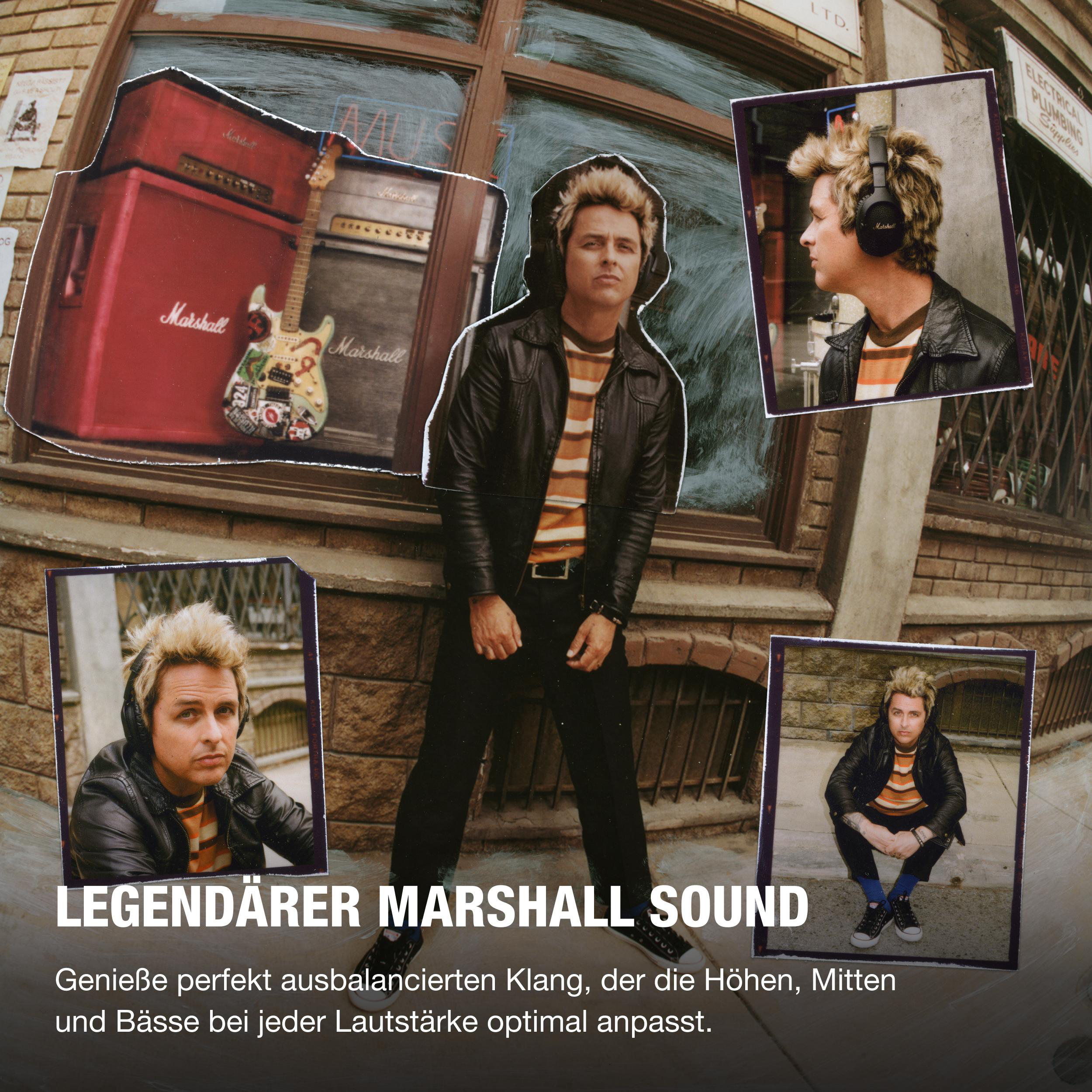 Mann mit Kopfhörern vor einem Geschäft. Text: 'Legendärer Marshall-Sound'.