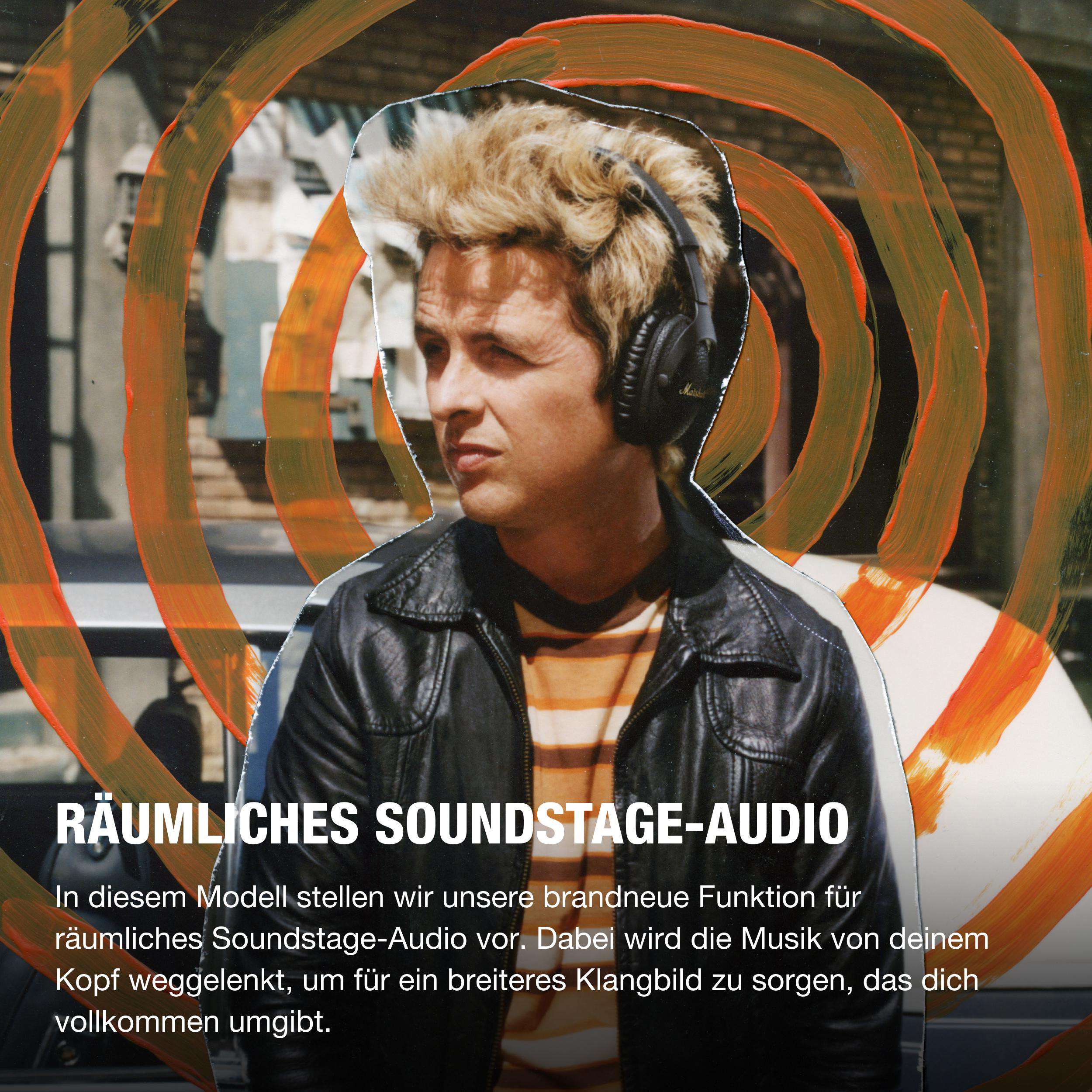 Ein Mann mit Kopfhörern, mit Text über räumliches Soundstage-Audio.