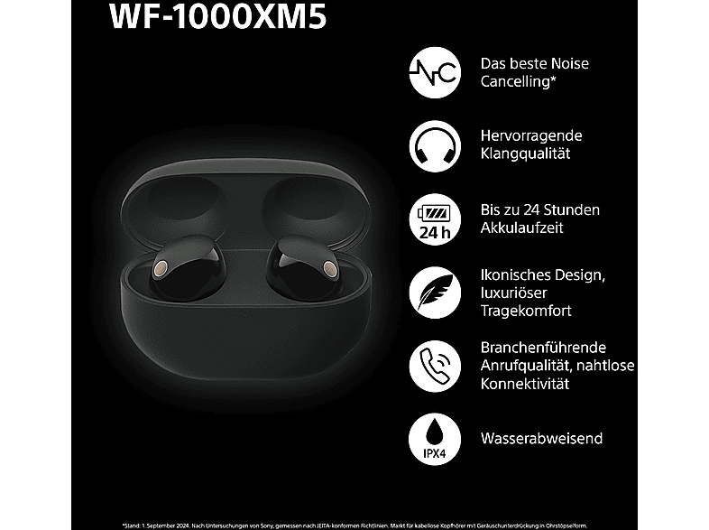 Sony WF-1000XM5 kabellose In-Ear-Kopfhörer mit Noise Cancelling – Bis zu 24 Stunden Akkulaufzeit – Schwarz; True Wireless Kopfhörer — Foto 2 von 5