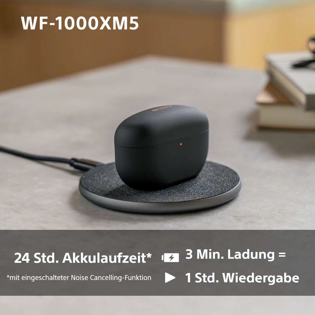 Ohrhörer auf einem Ladepad. Text: 24h Akkulaufzeit, 3 Min Laden = 1h Wiedergabe.
