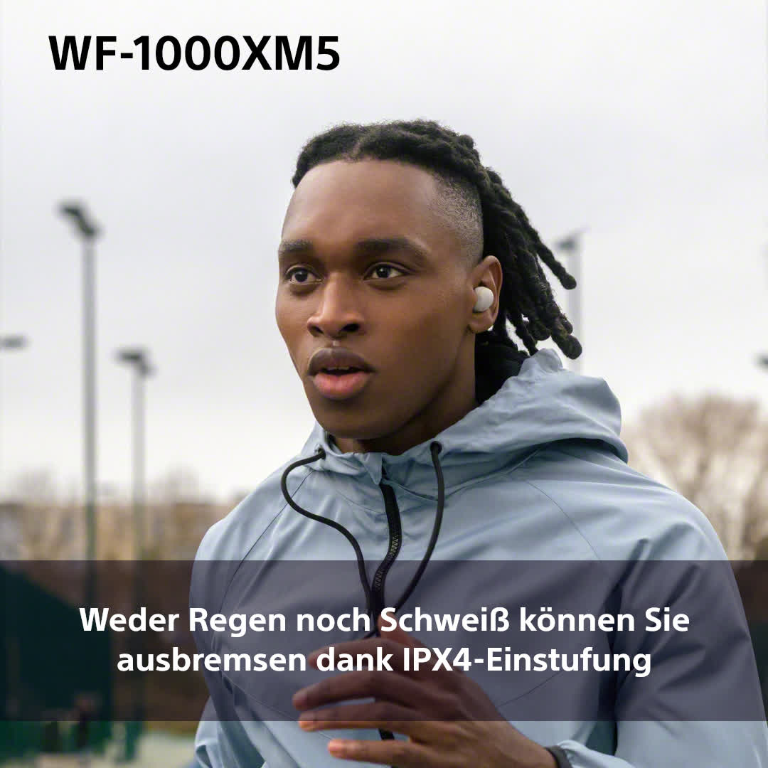 Ein Mann trägt Ohrhörer beim Laufen. Text besagt, dass sie schweiß- und regenfest sind.