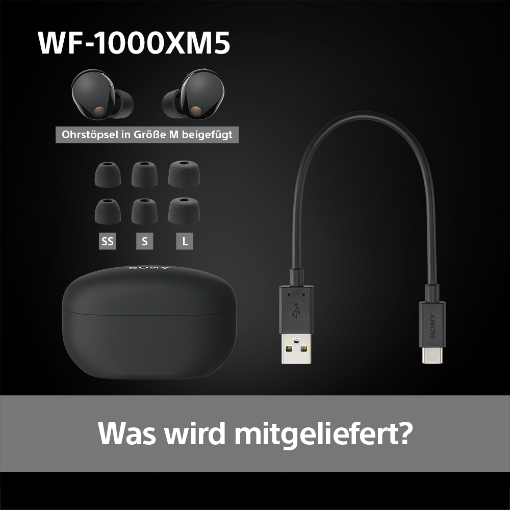 Sony WF-1000XM5 Ohrhörer, Ladecase, Ladekabel und Ohrstöpsel auf dunklem Hintergrund.