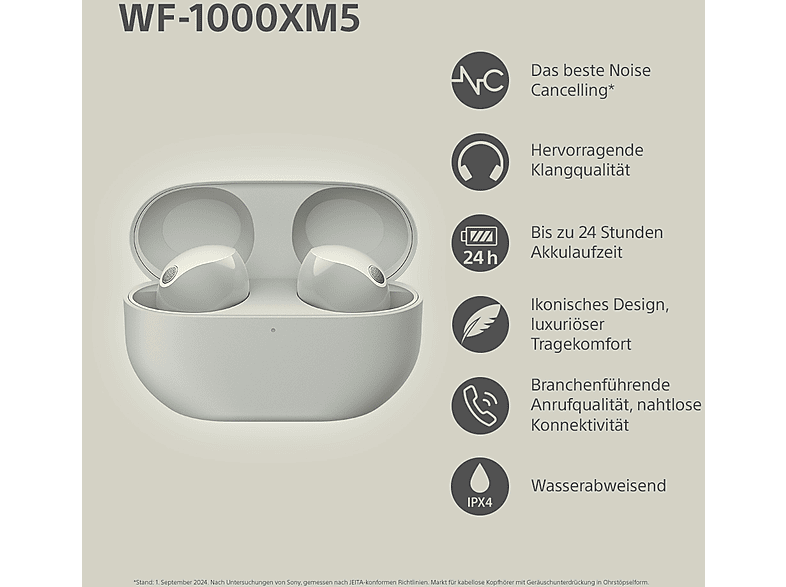Sony WF-1000XM5 kabellose In-Ear-Kopfhörer mit Noise Cancelling – Bis zu 24 Stunden Akkulaufzeit – Silber; True Wireless Kopfhörer — Foto 2 von 5