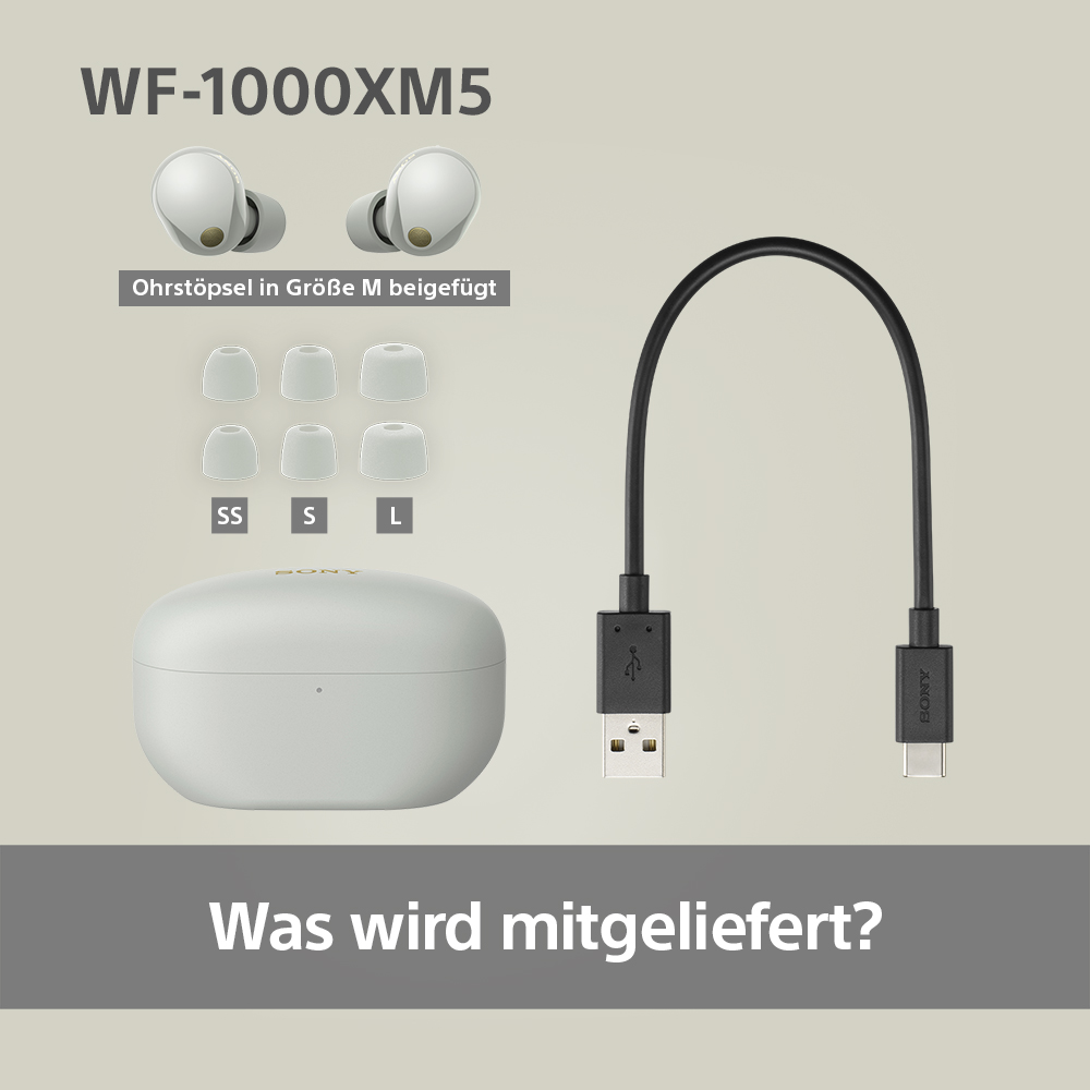 Weiße Ohrhörer, Ladecase und ein Ladekabel.