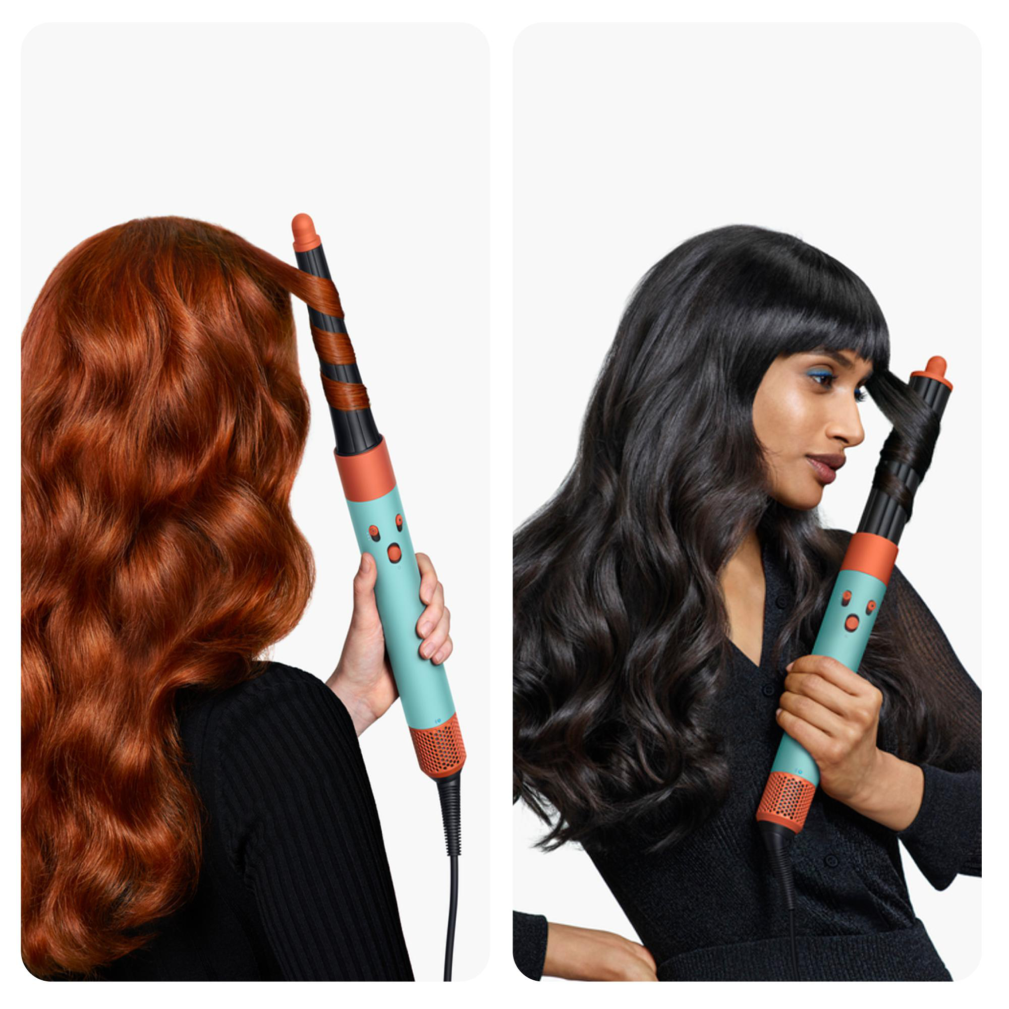Zwei Bilder von Frauen, die ein Lockenwickelgerät benutzen. Das Gerät ist türkis und orange.