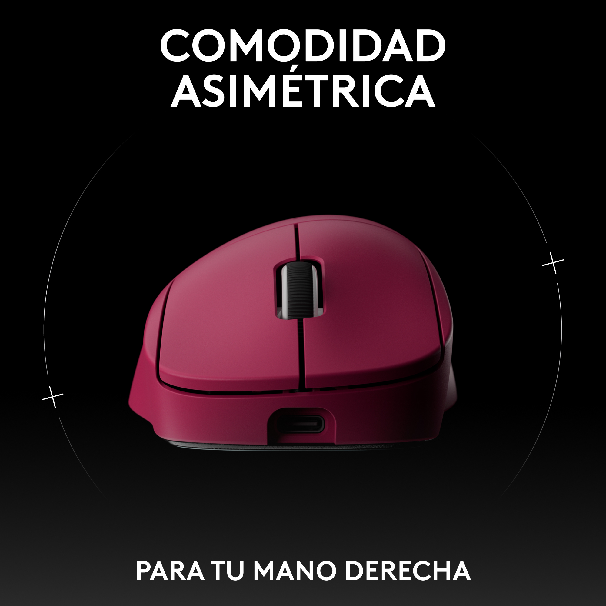 Ratón inalámbrico rojo con puerto USB-C, fondo negro, texto en español.
