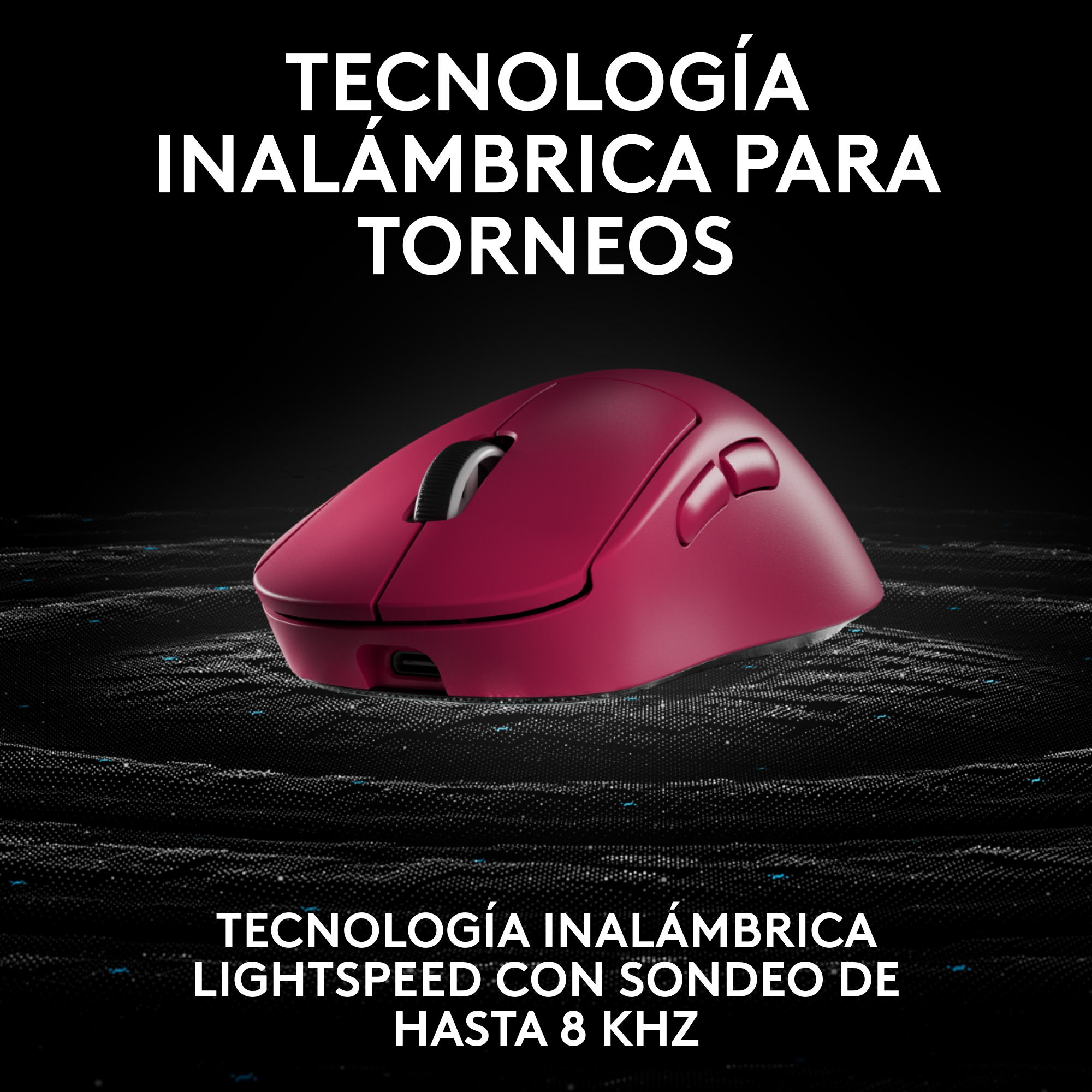 Un ratón rojo con el texto 'TECNOLOGÍA INALÁMBRICA PARA TORNEOS' y 'LIGHTSPEED'.