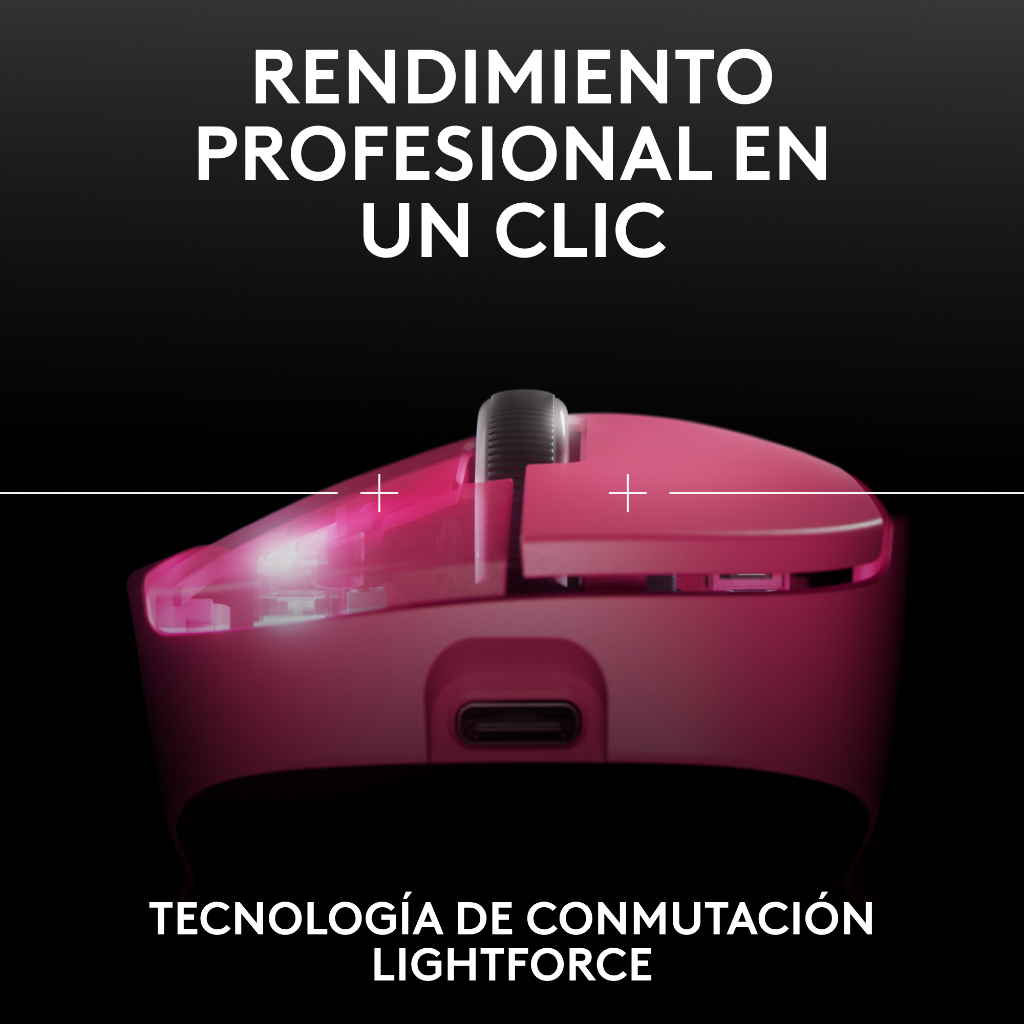 Ratón gaming rosa con acentos de luz roja.