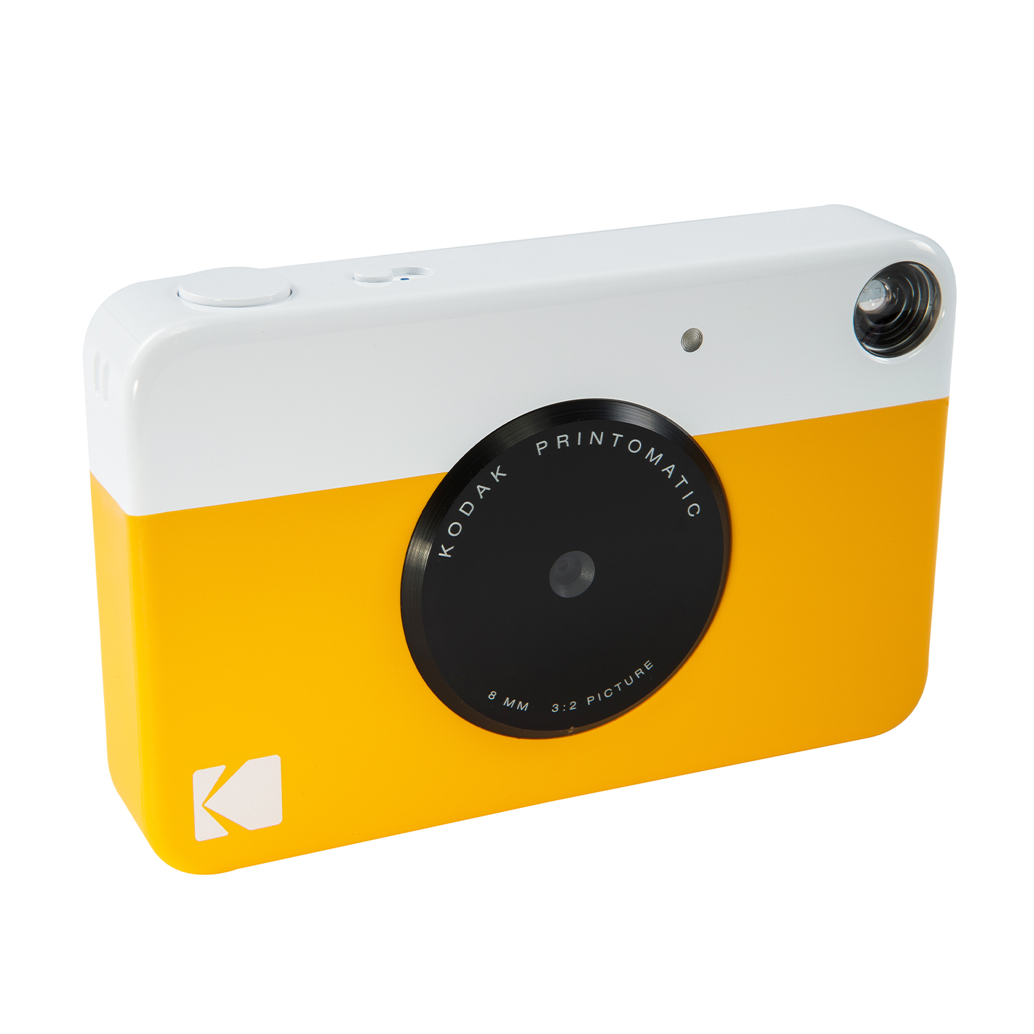 Fotocamera Kodak gialla e bianca. Cerchio nero al centro con il logo Kodak Printomatic.
