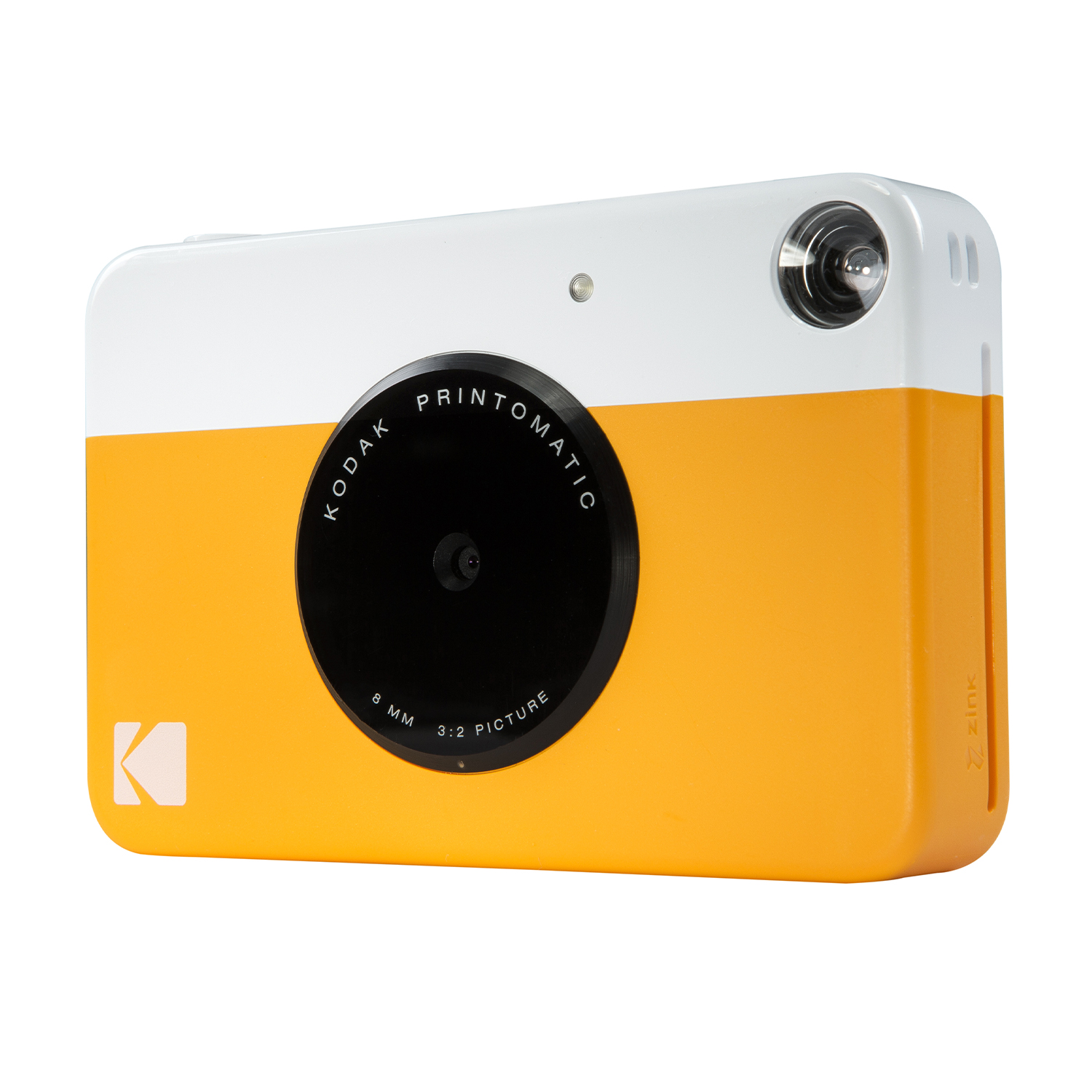 Fotocamera Kodak Printomatic gialla e bianca con obiettivo nero rotondo.