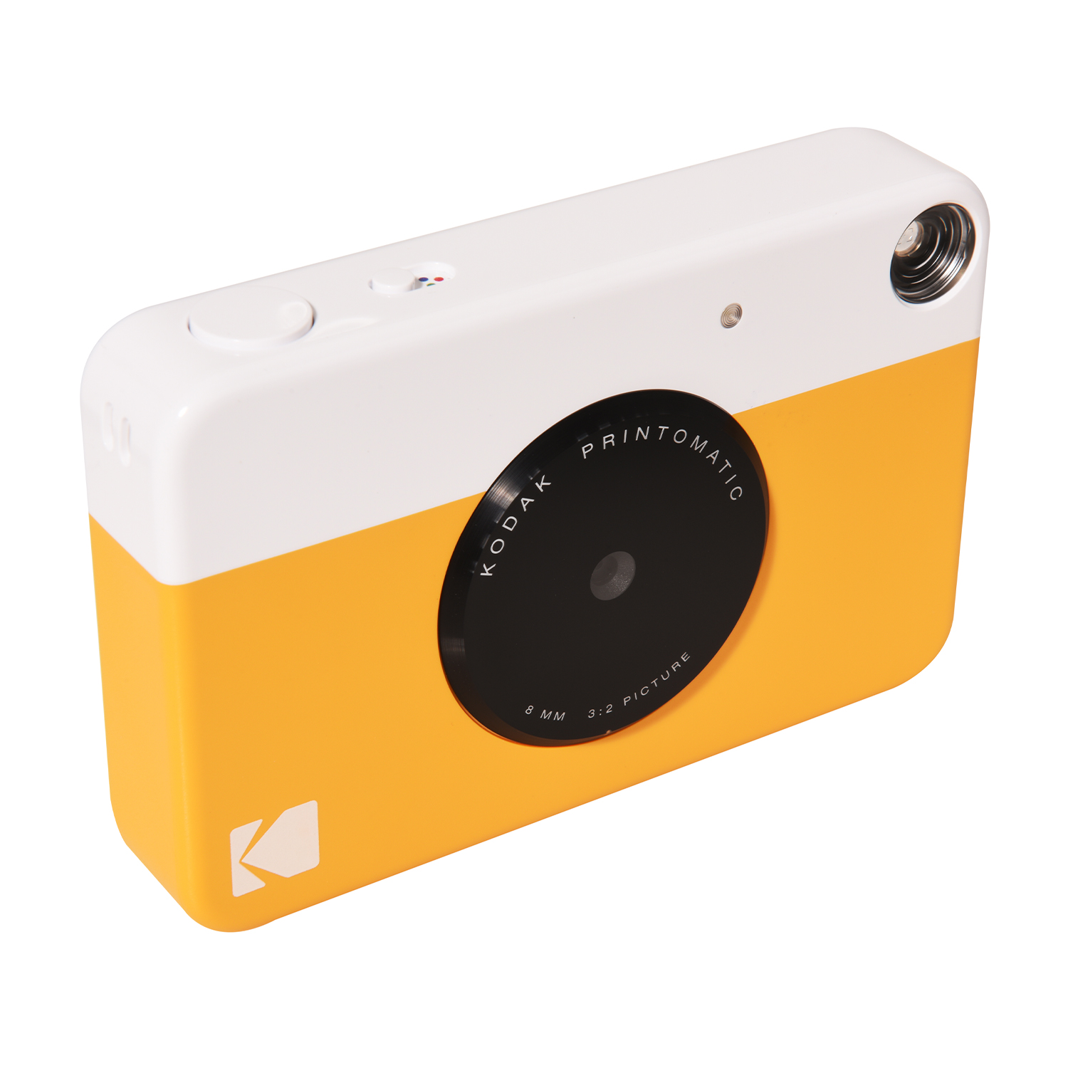 Fotocamera istantanea gialla e bianca con obiettivo nero ed etichetta 'KODAK PRINTOMATIC'.