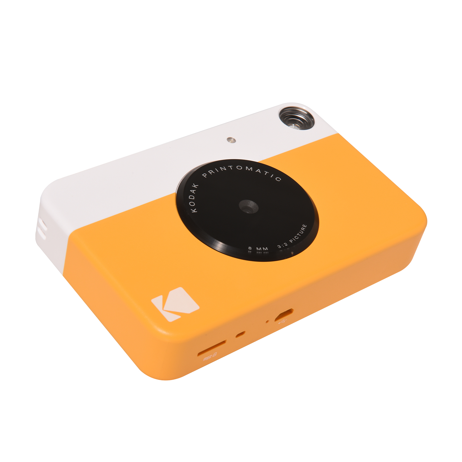 Fotocamera istantanea gialla e bianca con lente nera e logo Kodak su sfondo bianco.