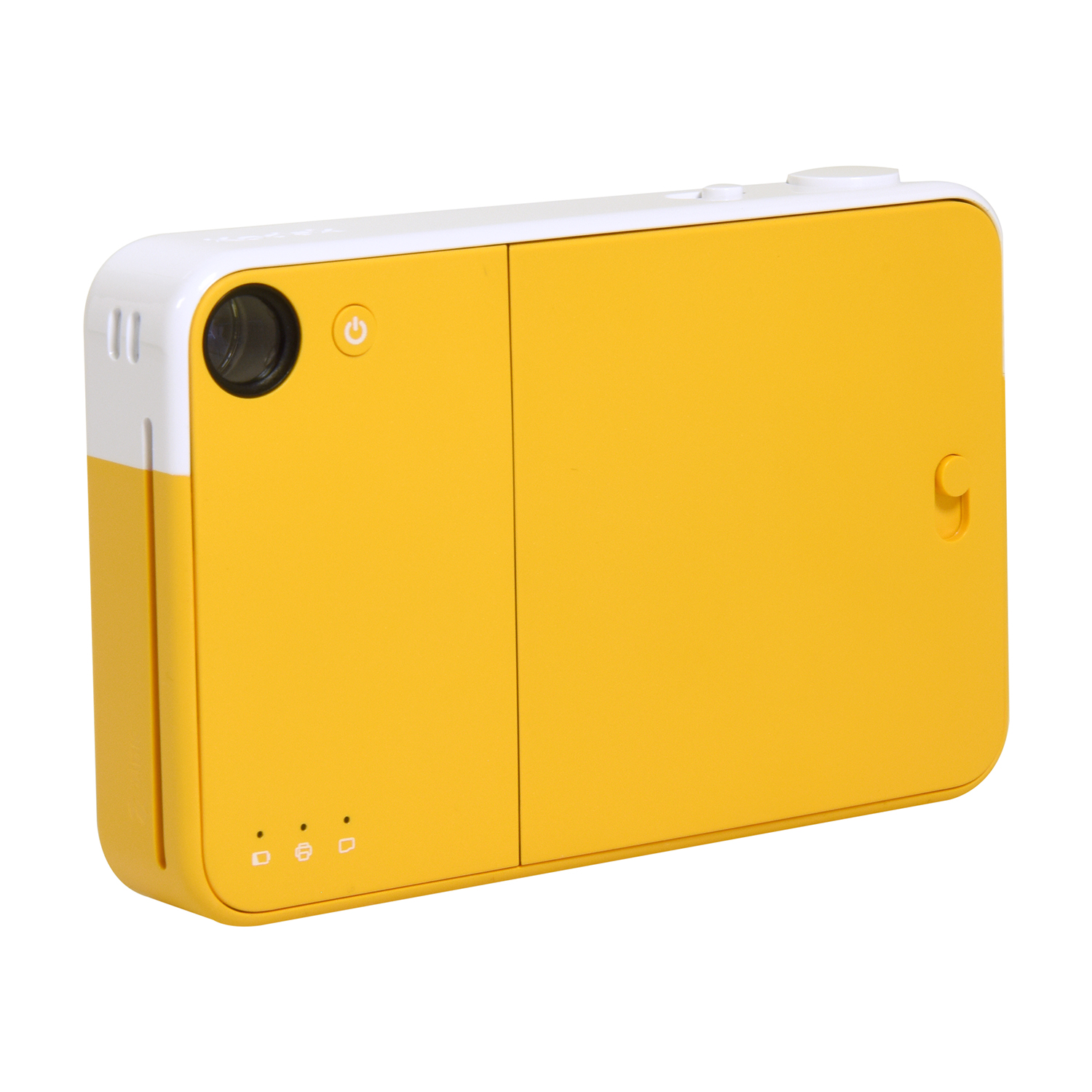 Un proiettore compatto giallo e bianco con un pulsante di accensione e tre spie di stato.