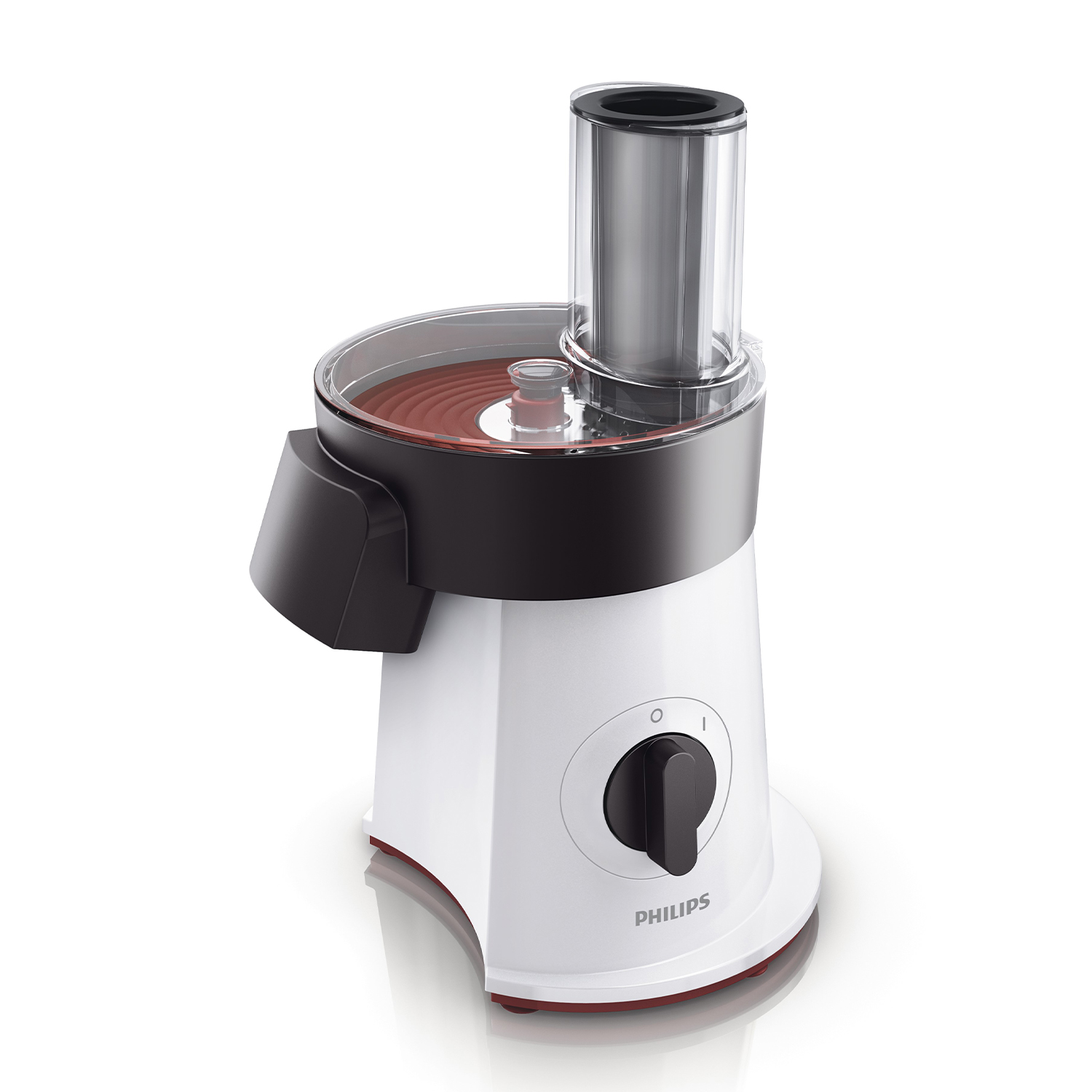 Robot da cucina bianco e nero. Manopola di controllo nera. Sfondo bianco.