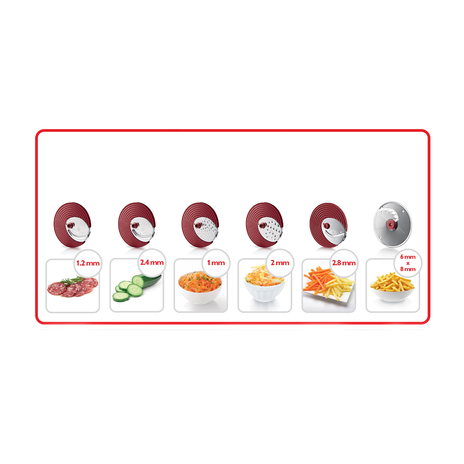 Fette di cibo e ciotole. Salame, cetriolo, carote grattugiate, patatine fritte e altro.