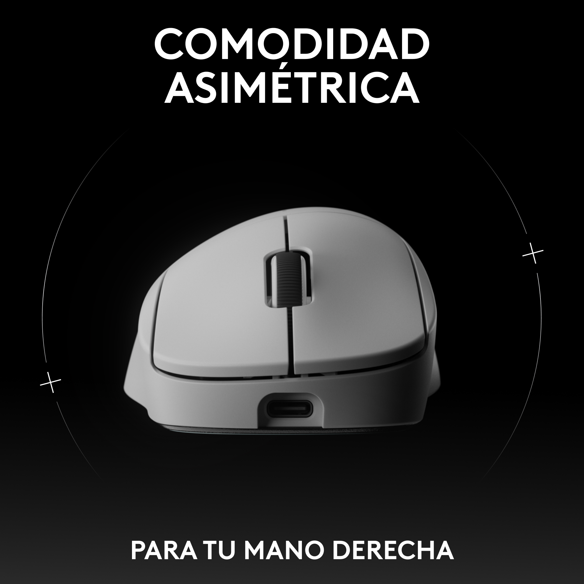 Ratón blanco con botones grises. Texto: 'COMODIDAD ASIMÉTRICA' y 'PARA TU MANO DERECHA'.