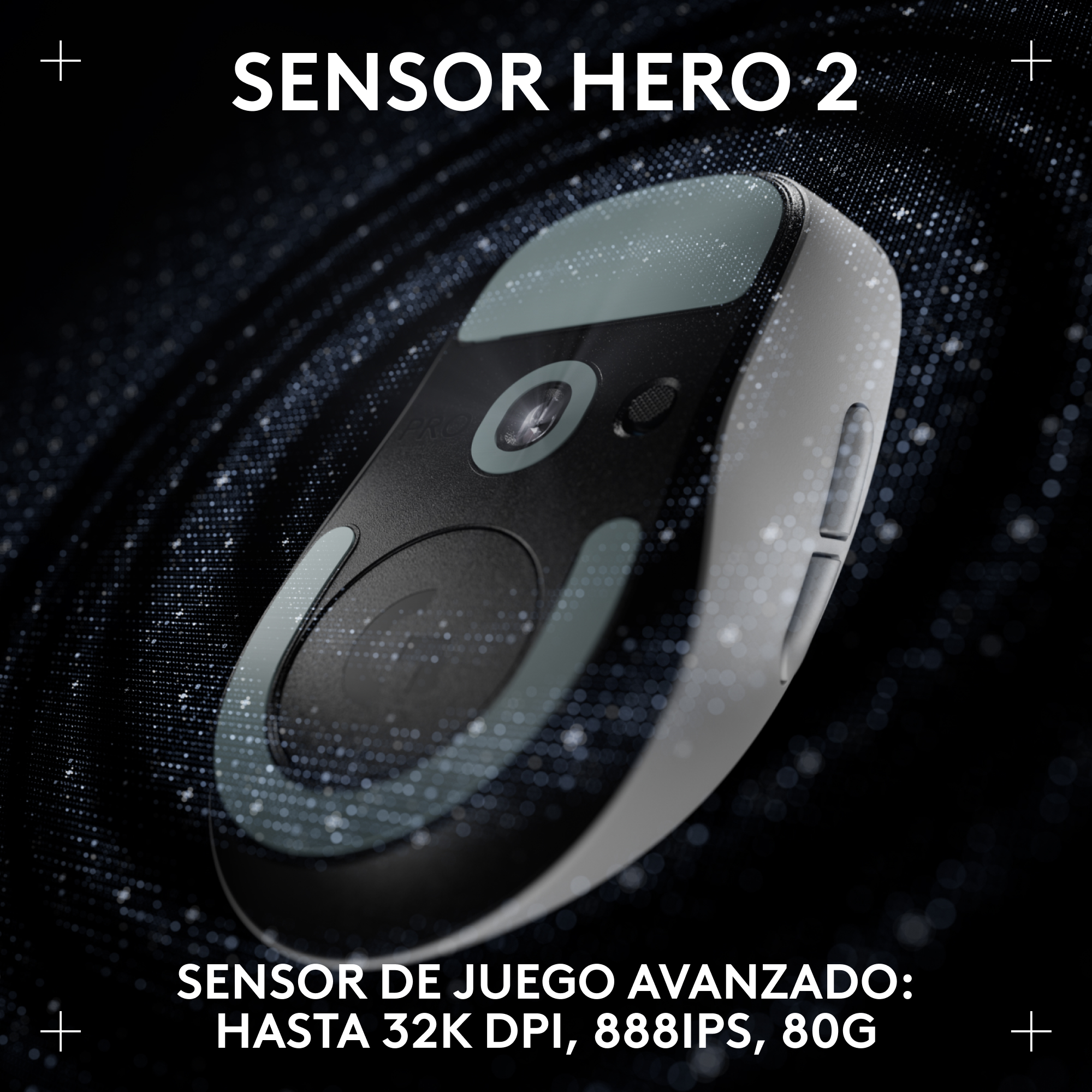 Ratón gaming, negro y gris, con las palabras 'SENSOR HERO 2' arriba, sobre un fondo oscuro.