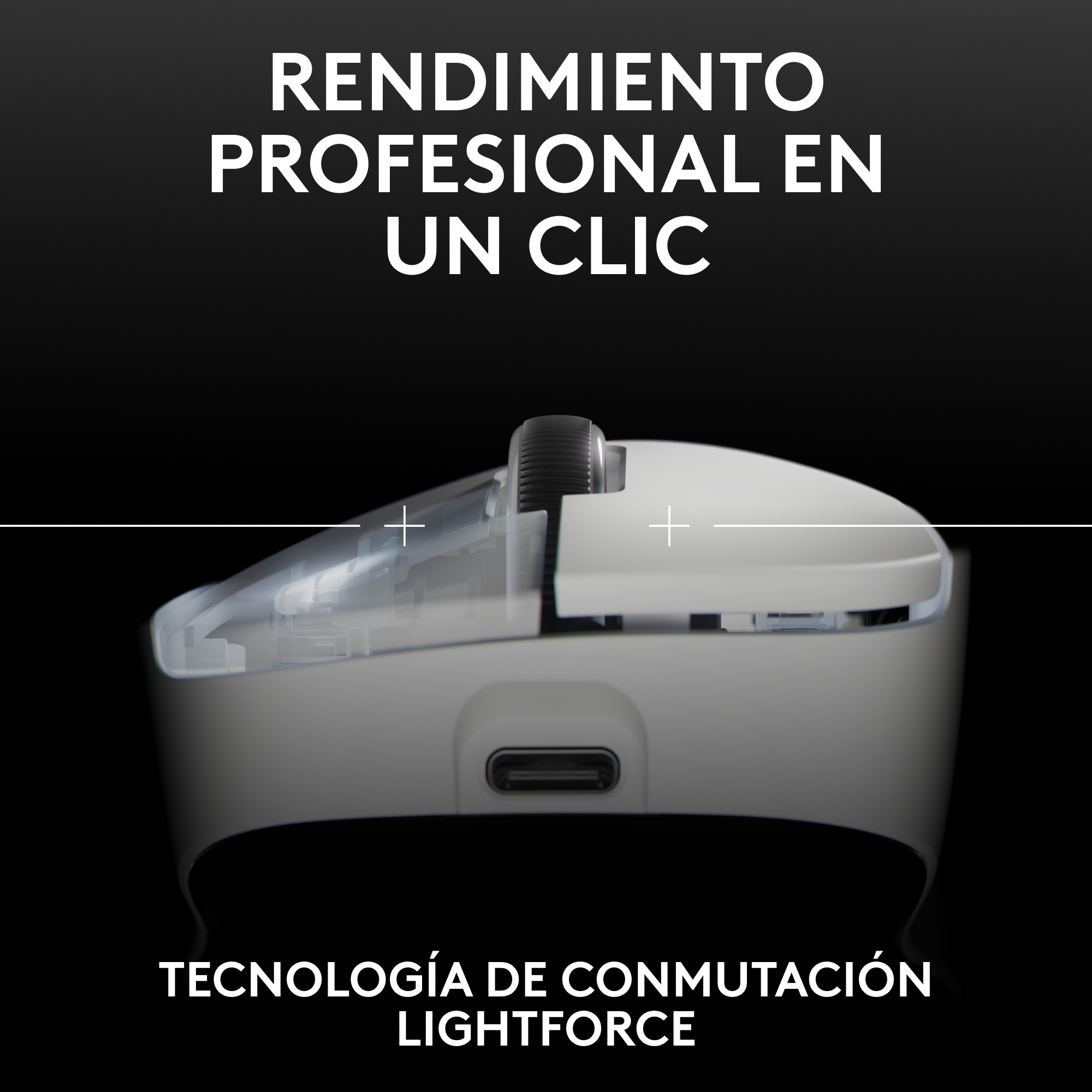 Ratón blanco con sección transparente. El texto enfatiza el rendimiento profesional.