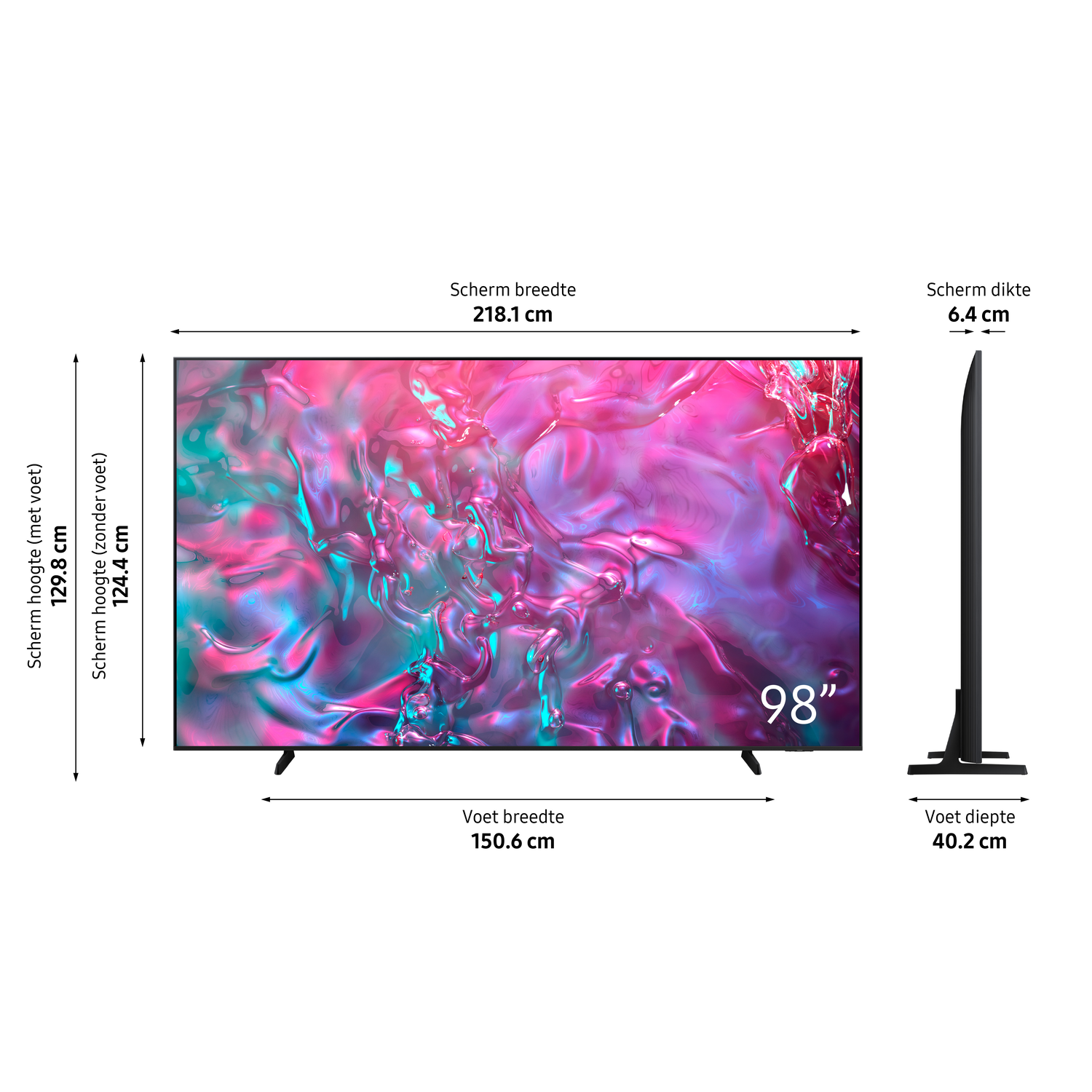 Een grote tv met afmetingen. Het scherm toont kleurrijke abstracte kunst.