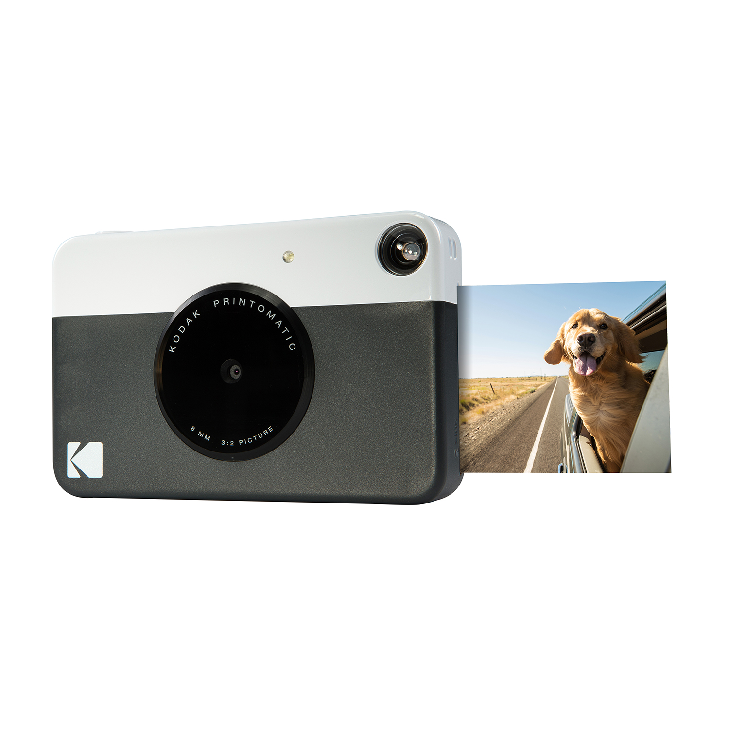 Una fotocamera Kodak Printomatic con una foto di un cane nel finestrino di un'auto.