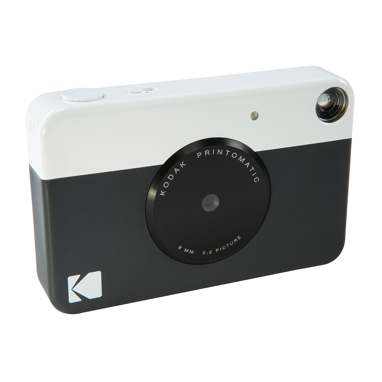 Fotocamera Kodak Printomatic. È bianca e grigia, con obiettivo nero e logo Kodak sul davanti.