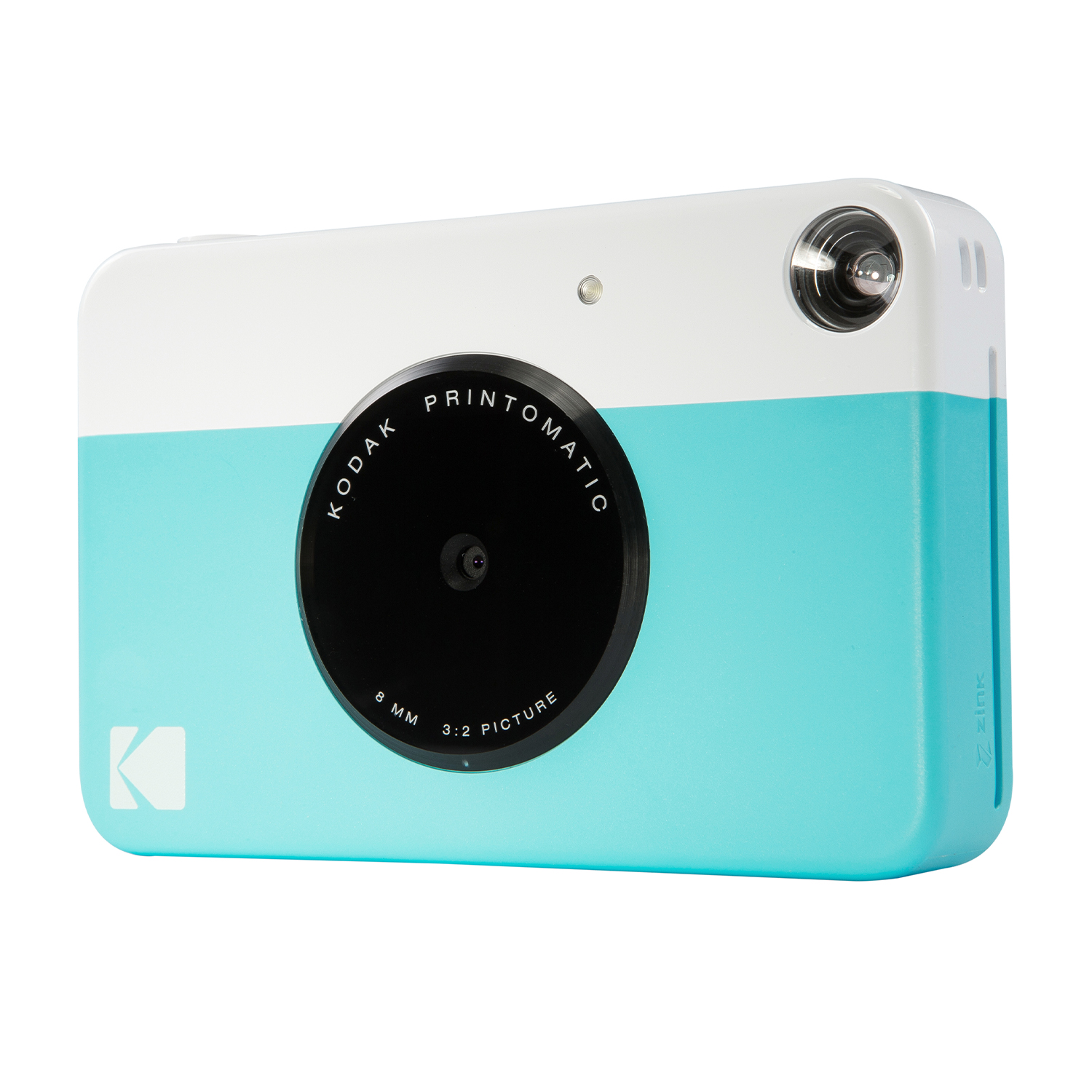 Una fotocamera bianca e blu con obiettivo nero. È una fotocamera Kodak Printomatic.