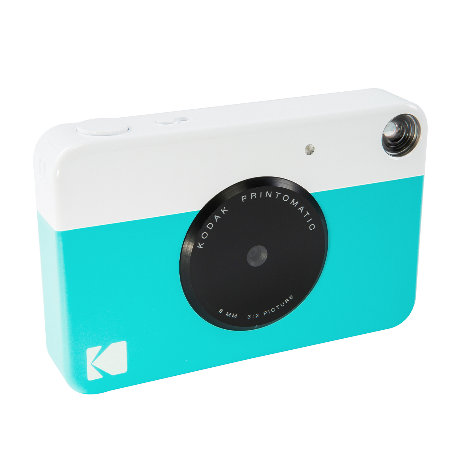 Una fotocamera Kodak Printomatic bianca e turchese, angolata su una superficie bianca.