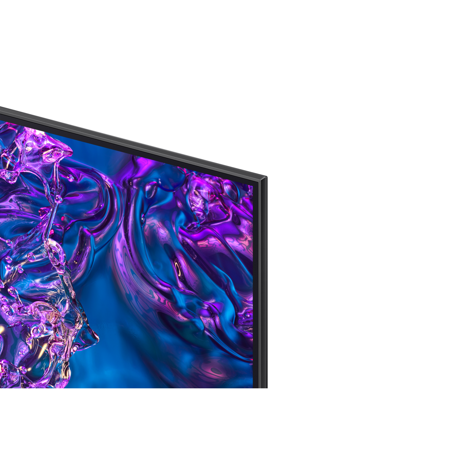 Close-up van een televisiescherm, met een kleurrijk, abstract ontwerp met paarse en blauwe tinten.