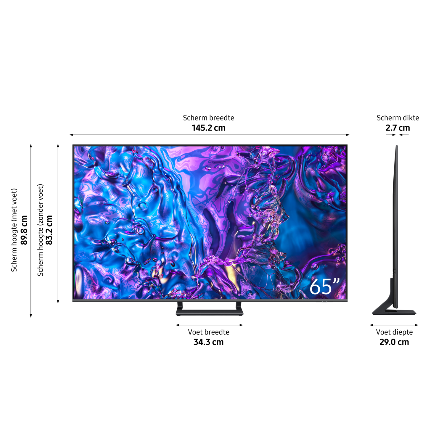 Een 65-inch zwarte tv toont een kleurrijk, abstract patroon. De tv staat op een zwart oppervlak.