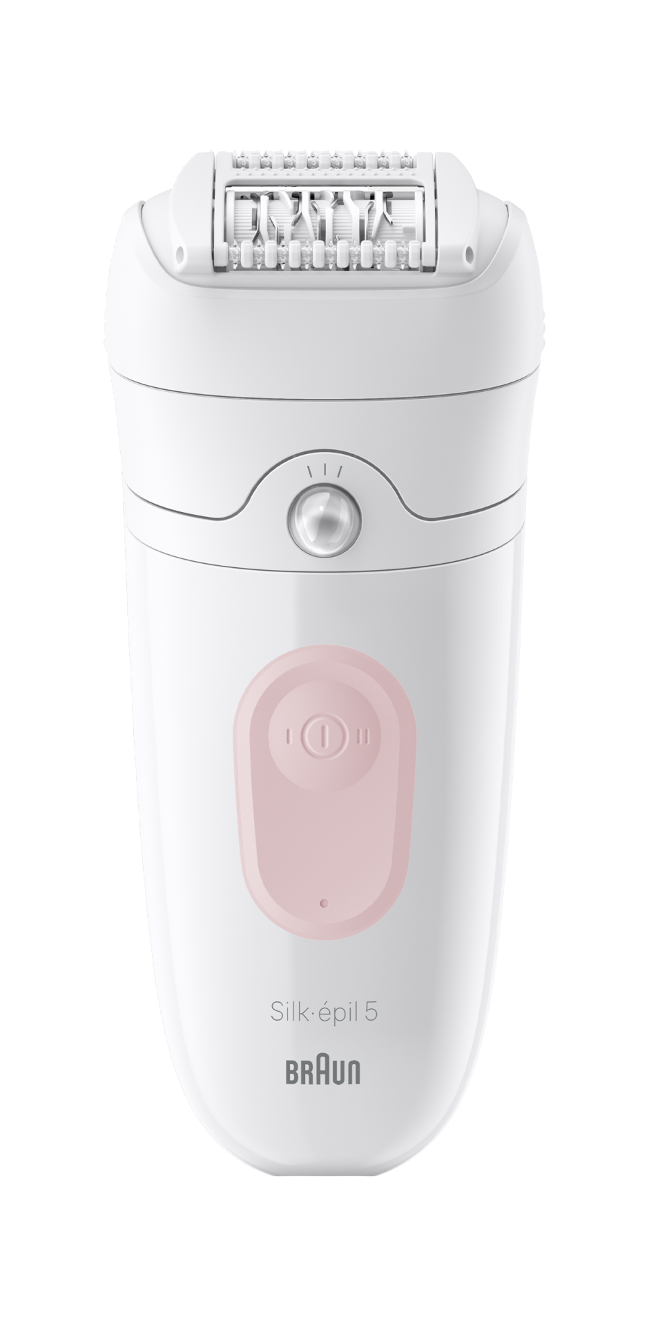 Biały depilator Braun Silk-épil 5. Ma różowy przycisk zasilania i głowicę tnącą.