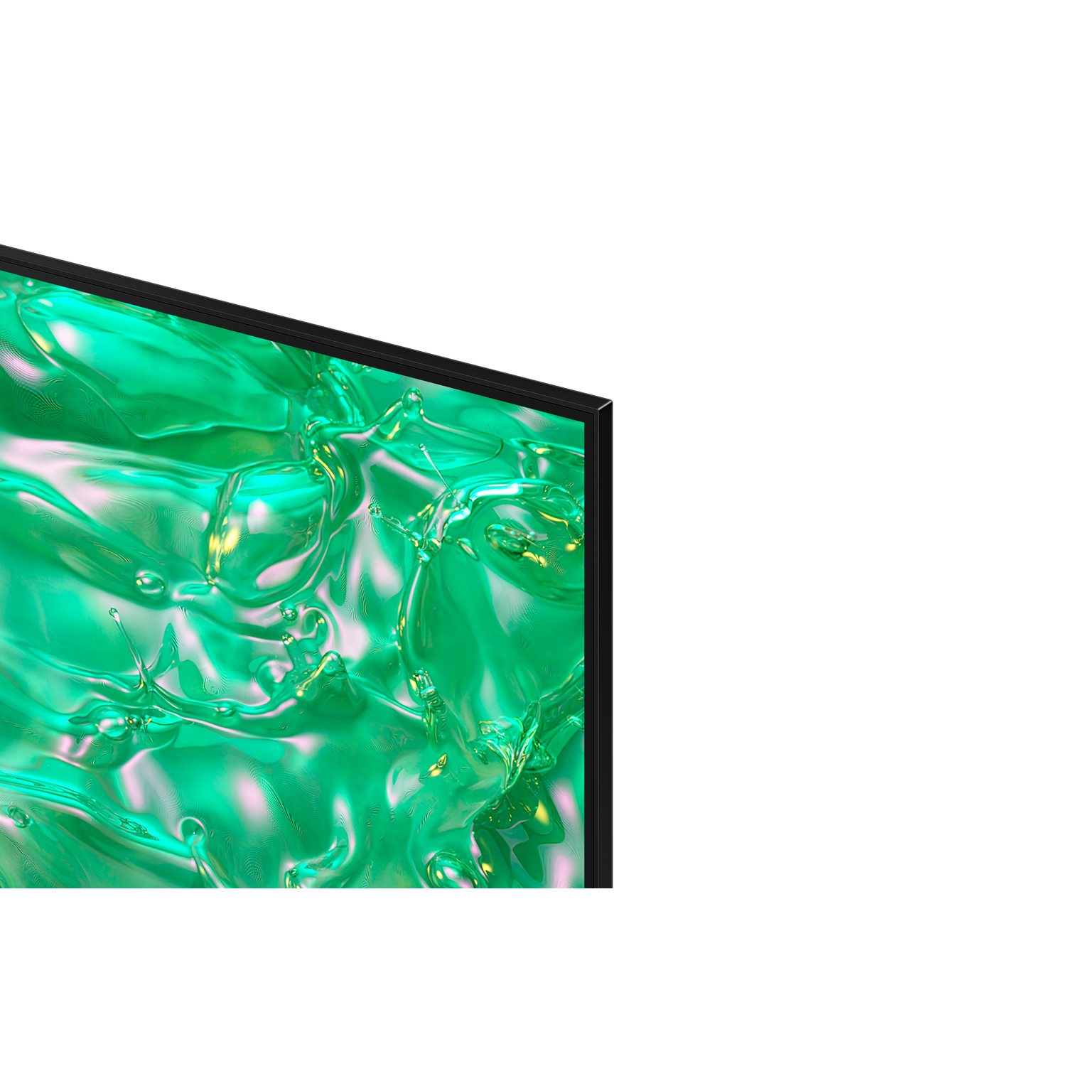 Close-up of a black TV screen with a green, abstract background.