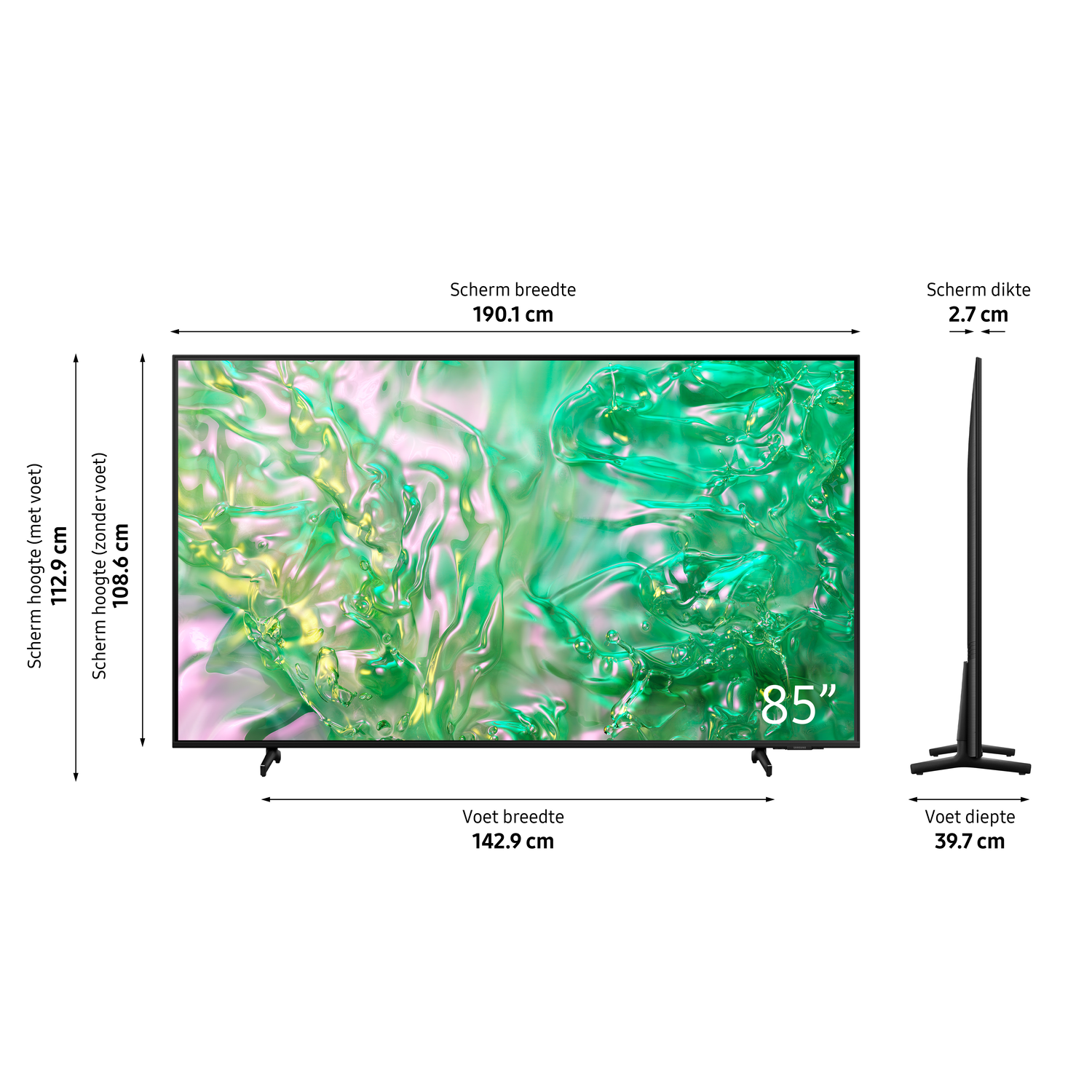 A TV screen with dimensions and measurements on a white background, showing width, height, and depth.