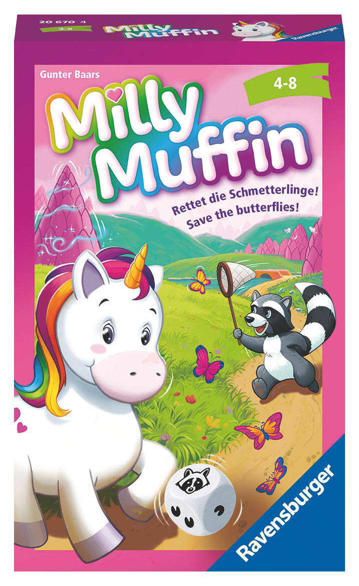 Milly Muffin Brettspielbox. Enthält ein Einhorn, einen Waschbären, Schmetterlinge und Würfel.
