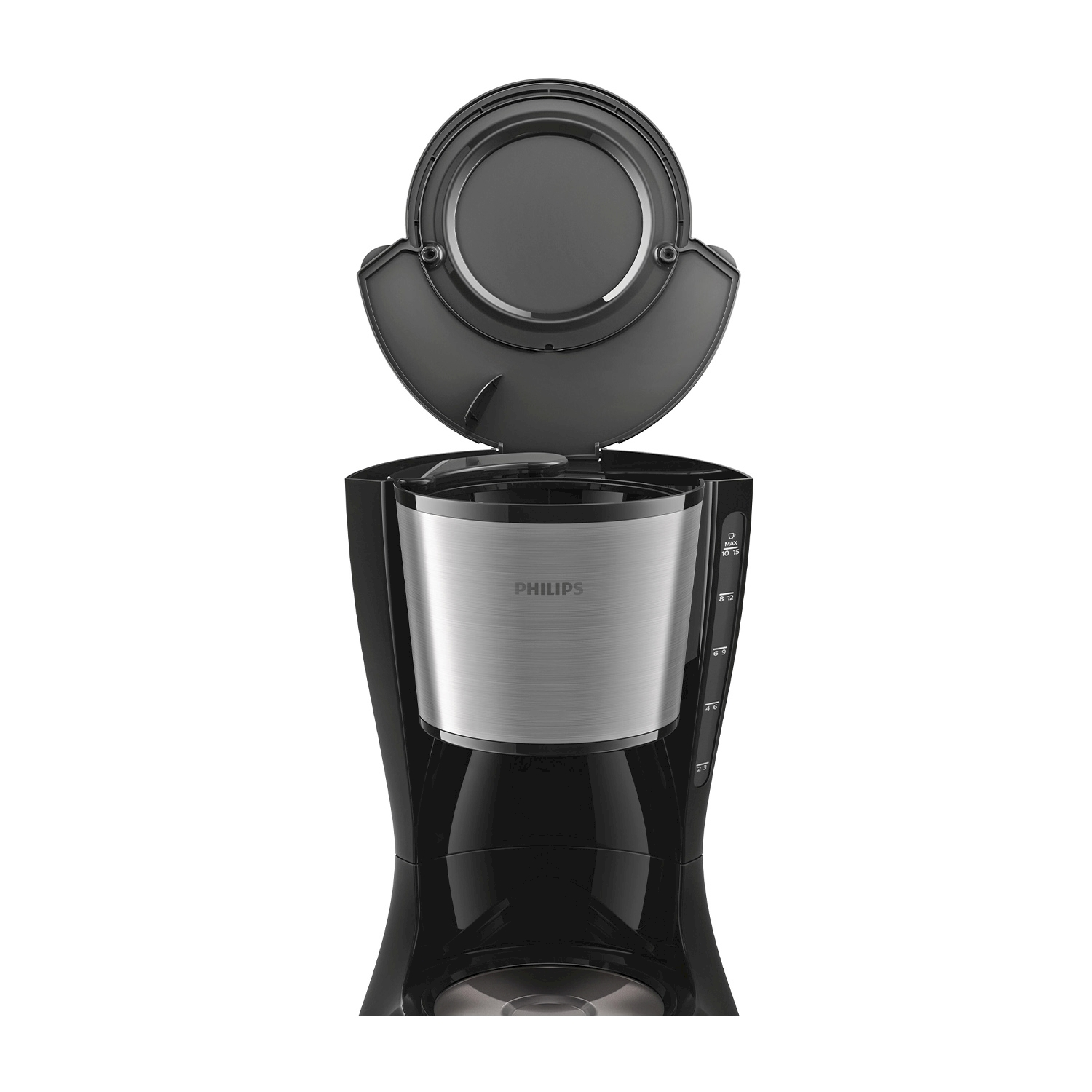 Macchina da caffè nera e argento. Il contenitore dell'acqua è aperto, rivelando il cestello del caffè all'interno.