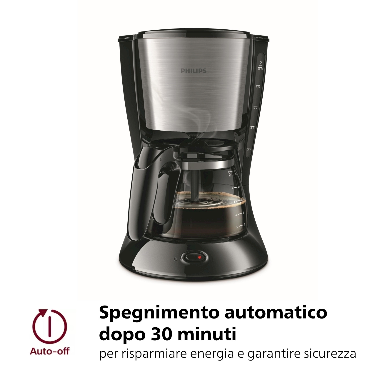 Una caffettiera nera e argento con testo italiano sullo spegnimento automatico.