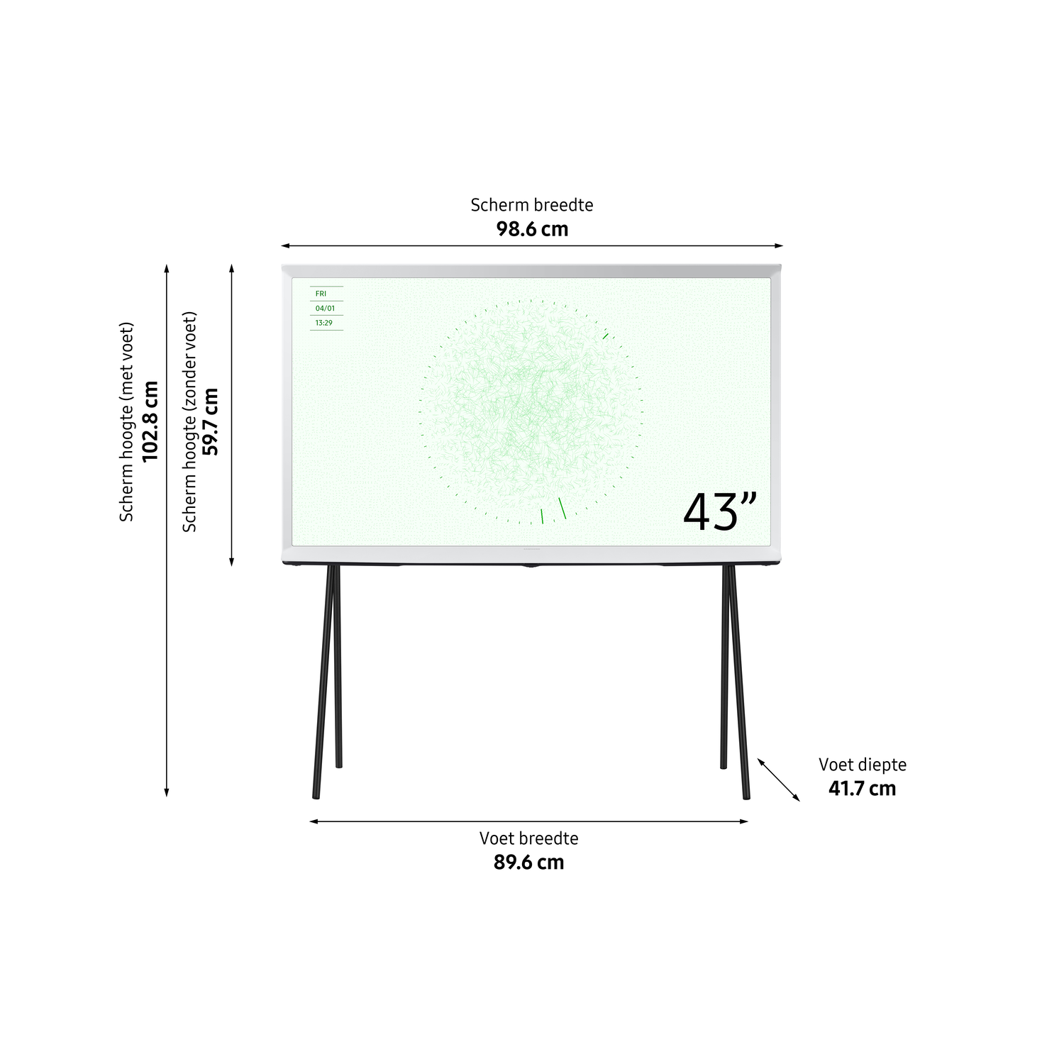 43-inch tv op standaard, met afmetingen en informatiemlabels. Het tv-scherm toont een patroon.