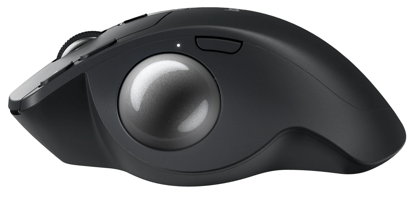 Fekete trackball egér ezüst golyóval és gombokkal.